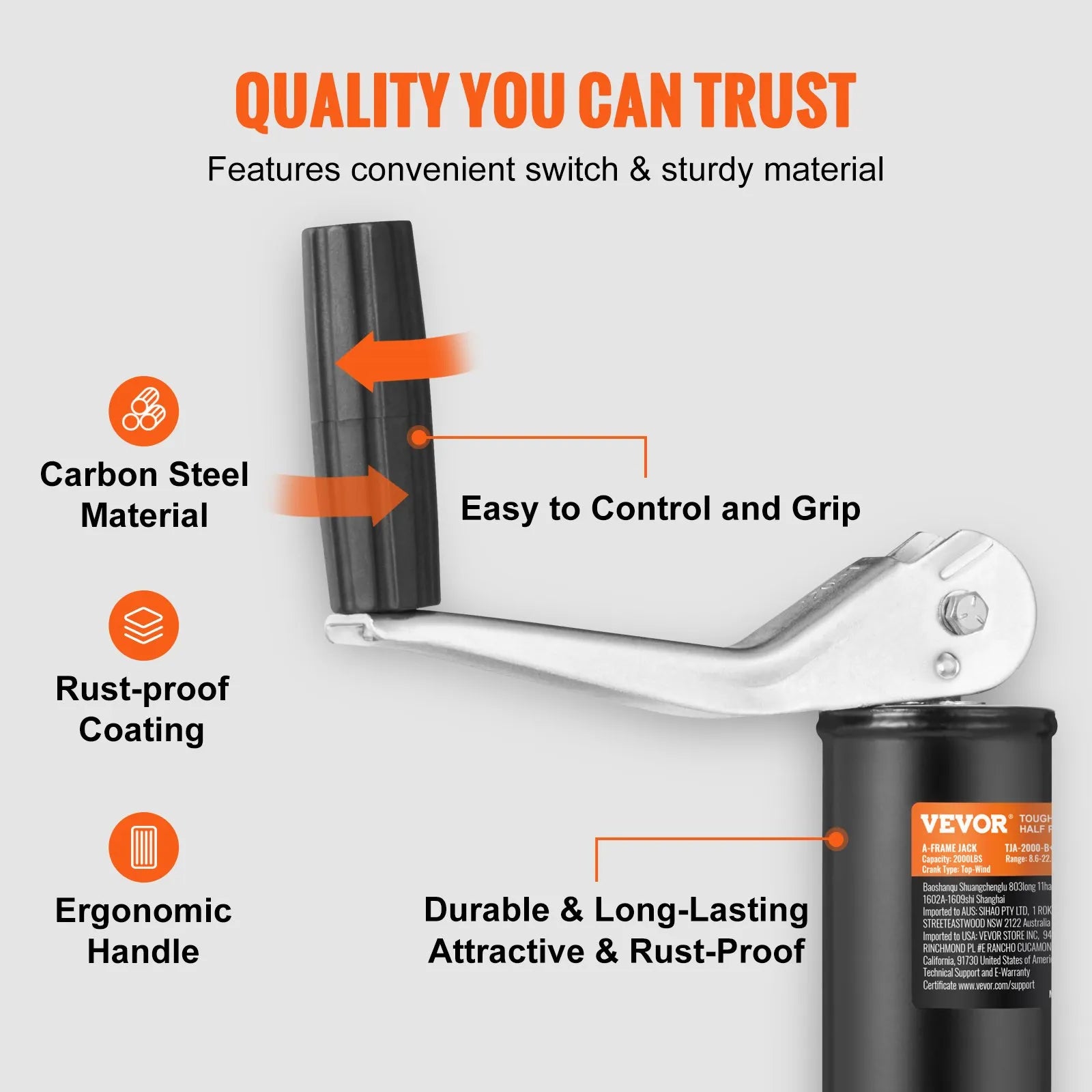 VEVOR Trailer Jack, Trailer Tongue Jack A-frame Bolt on Weight Capacity 2000 lb, Trailer Jack Stand with Handle for lifting RV Trailer, Horse Trailer, Utility Trailer, Yacht Trailer