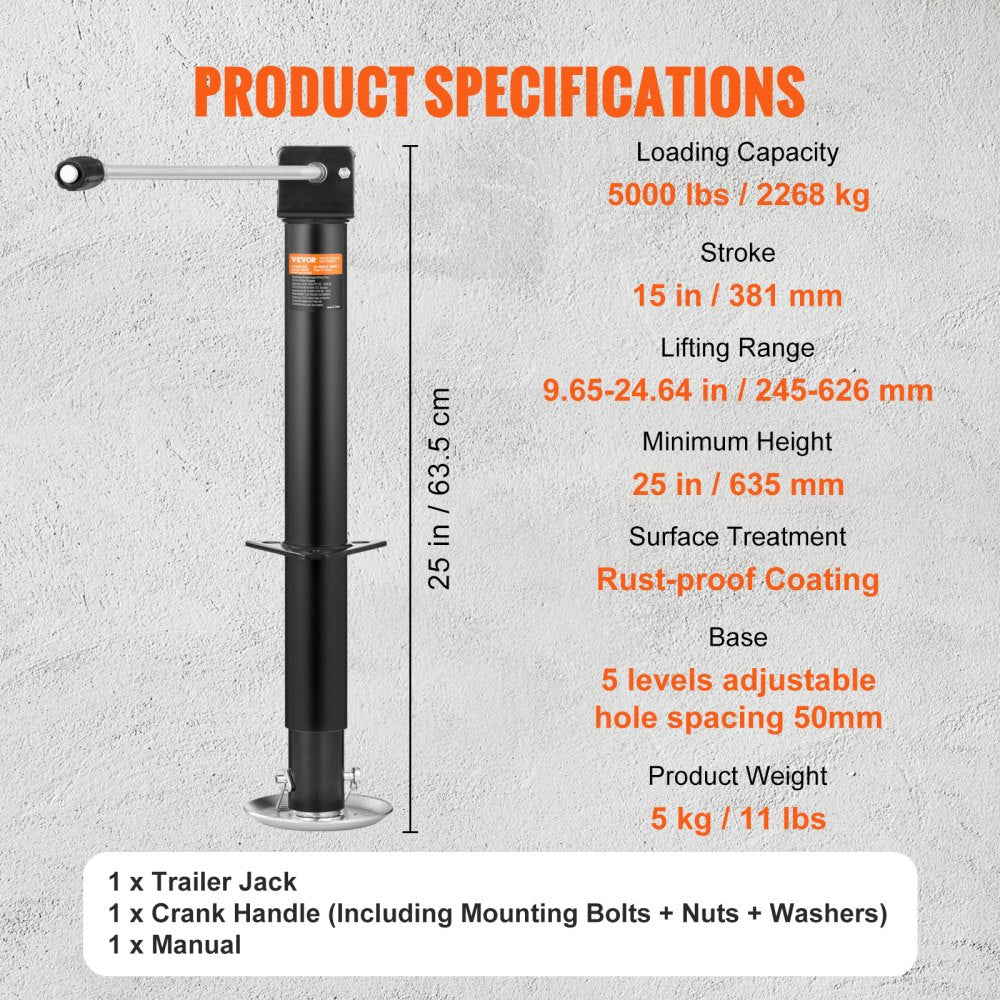 VEVOR Trailer Jack, Trailer Tongue Jack A-frame Bolt on Weight Capacity 5000 lb, Trailer Jack Stand with Handle for Lifting RV Trailer, Horse Trailer, Utility Trailer, Yacht Trailer 