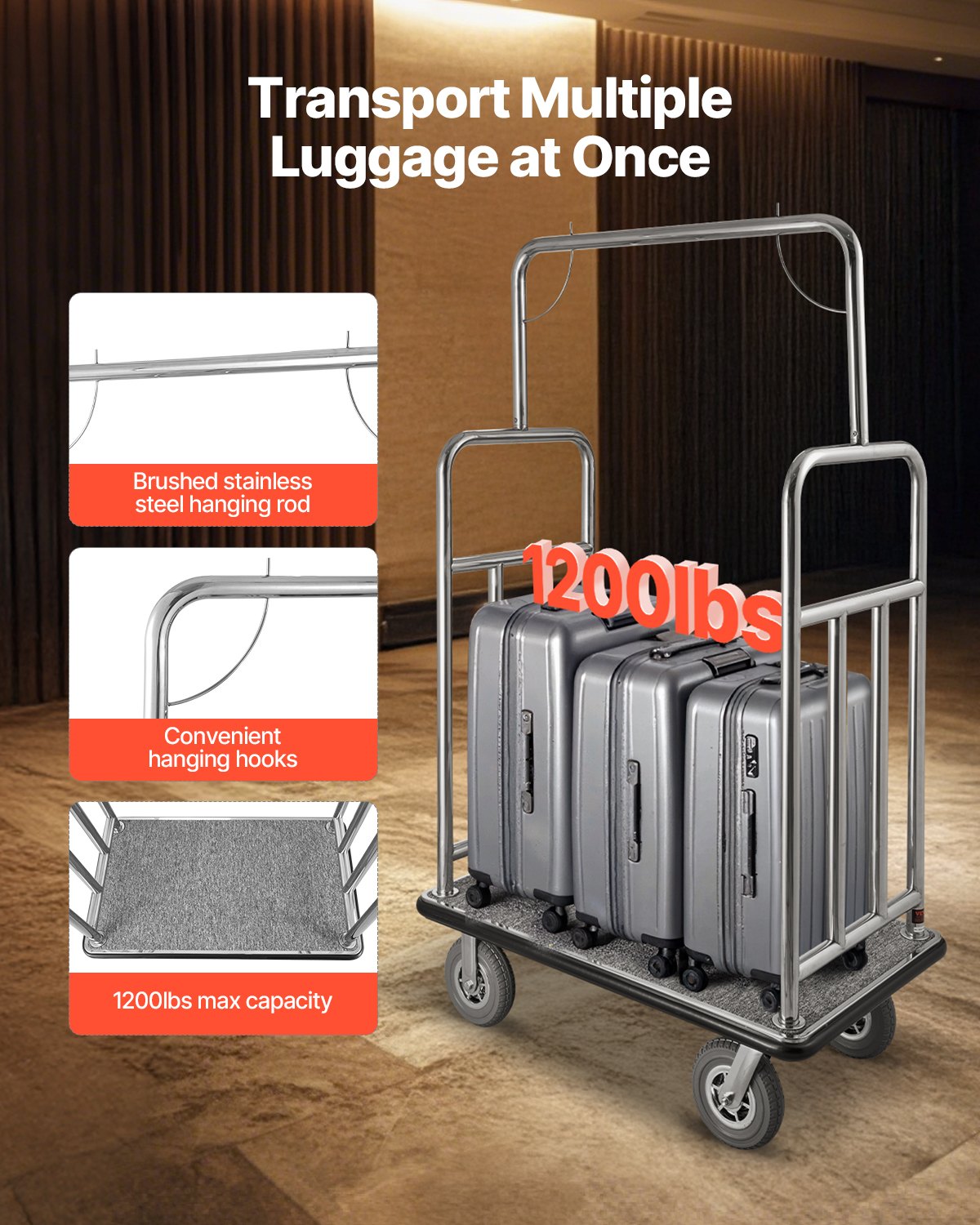 VEVOR Hotel Luggage Cart 1200 LBS Brushed Stainless Steel Finish Bellman's Cart 