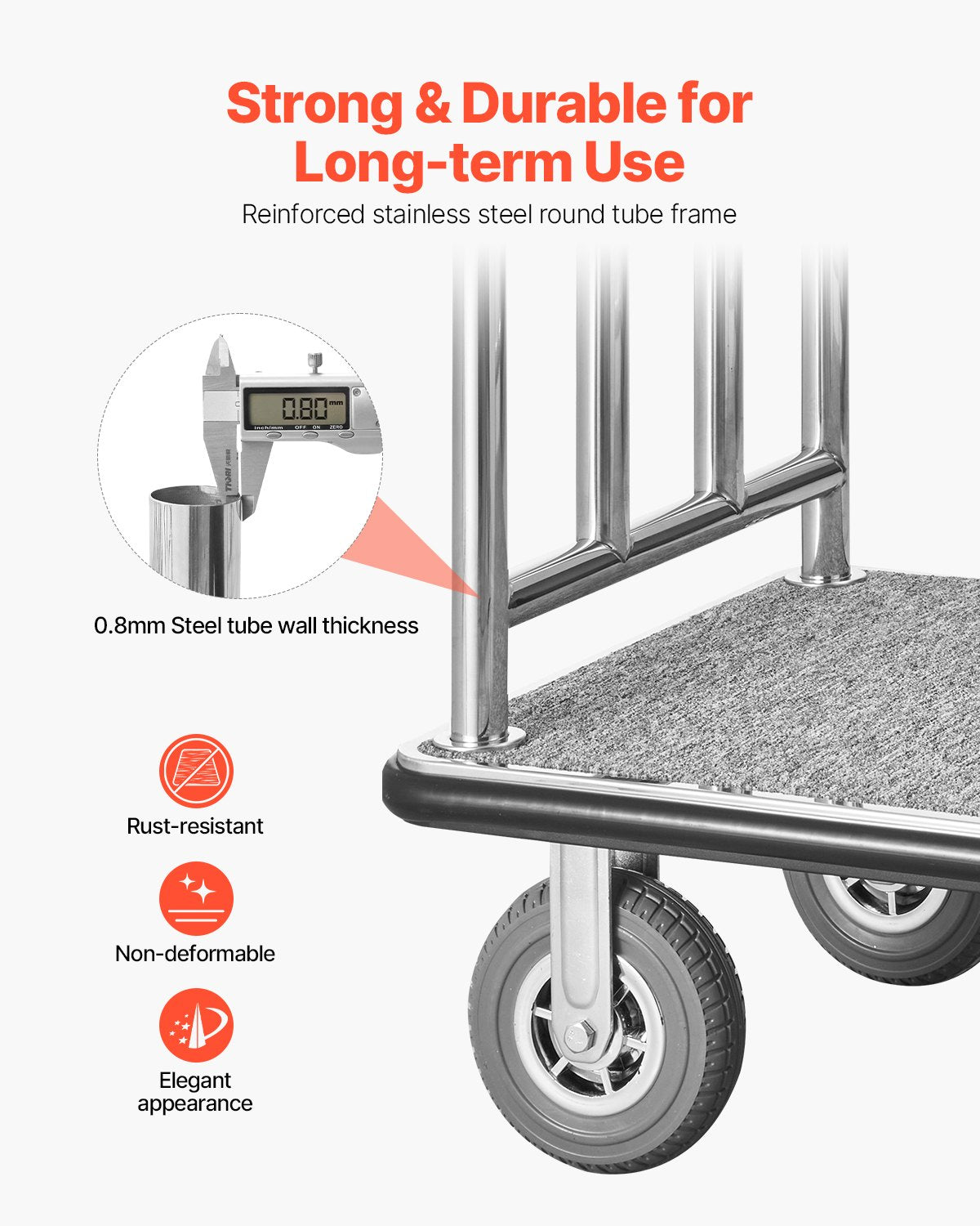 VEVOR Hotel Luggage Cart 1200 LBS Brushed Stainless Steel Finish Bellman's Cart 