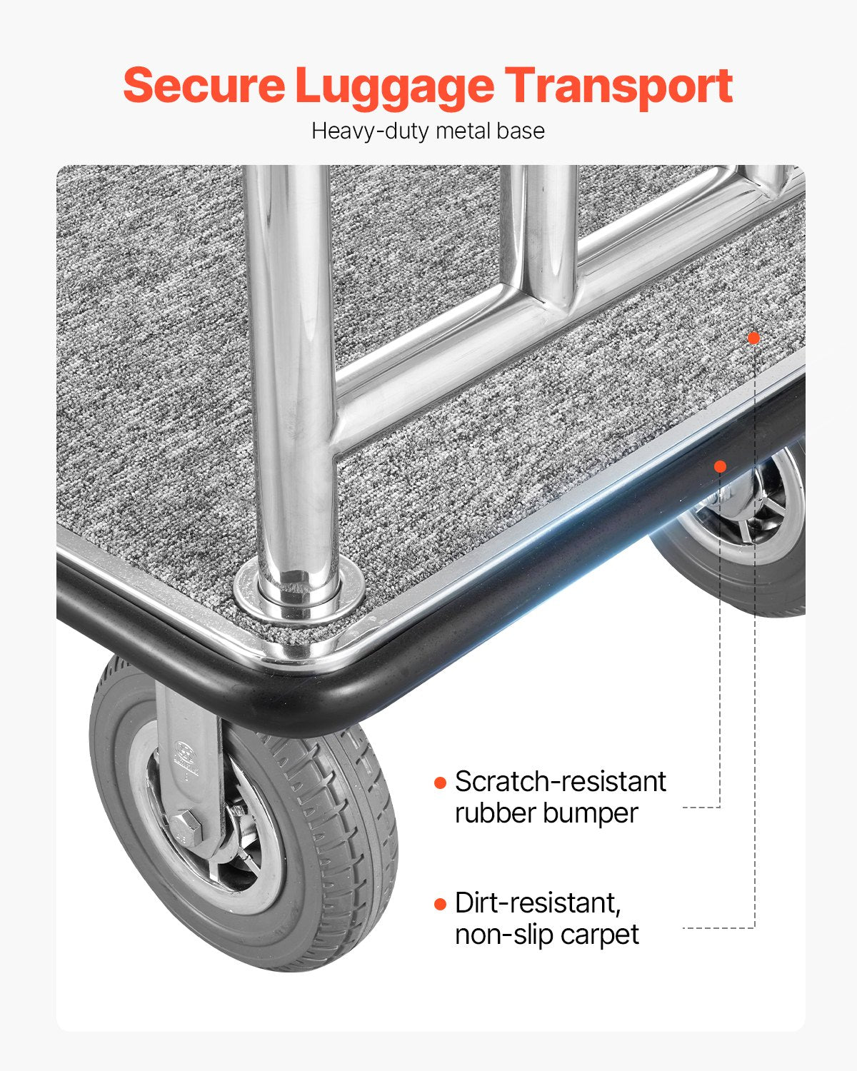 VEVOR Hotel Luggage Cart 1200 LBS Brushed Stainless Steel Finish Bellman's Cart 