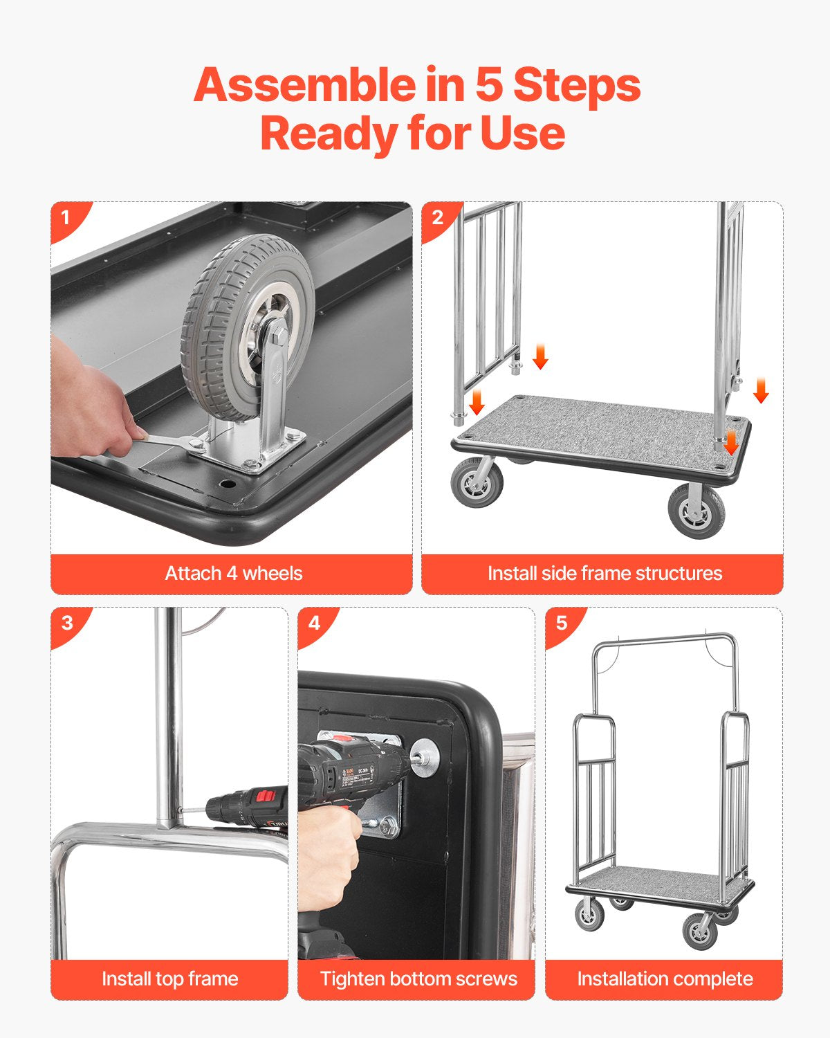 VEVOR Hotel Luggage Cart 1200 LBS Brushed Stainless Steel Finish Bellman's Cart 