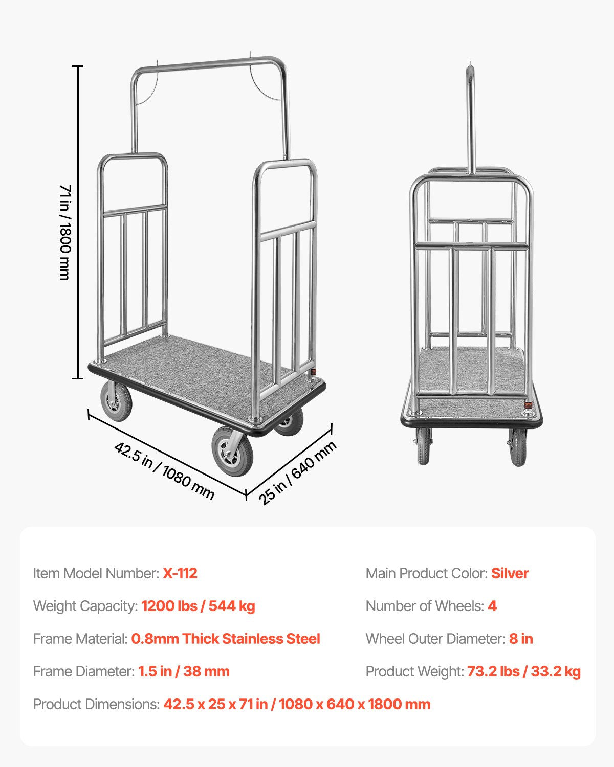 VEVOR Hotel Luggage Cart 1200 LBS Brushed Stainless Steel Finish Bellman's Cart 