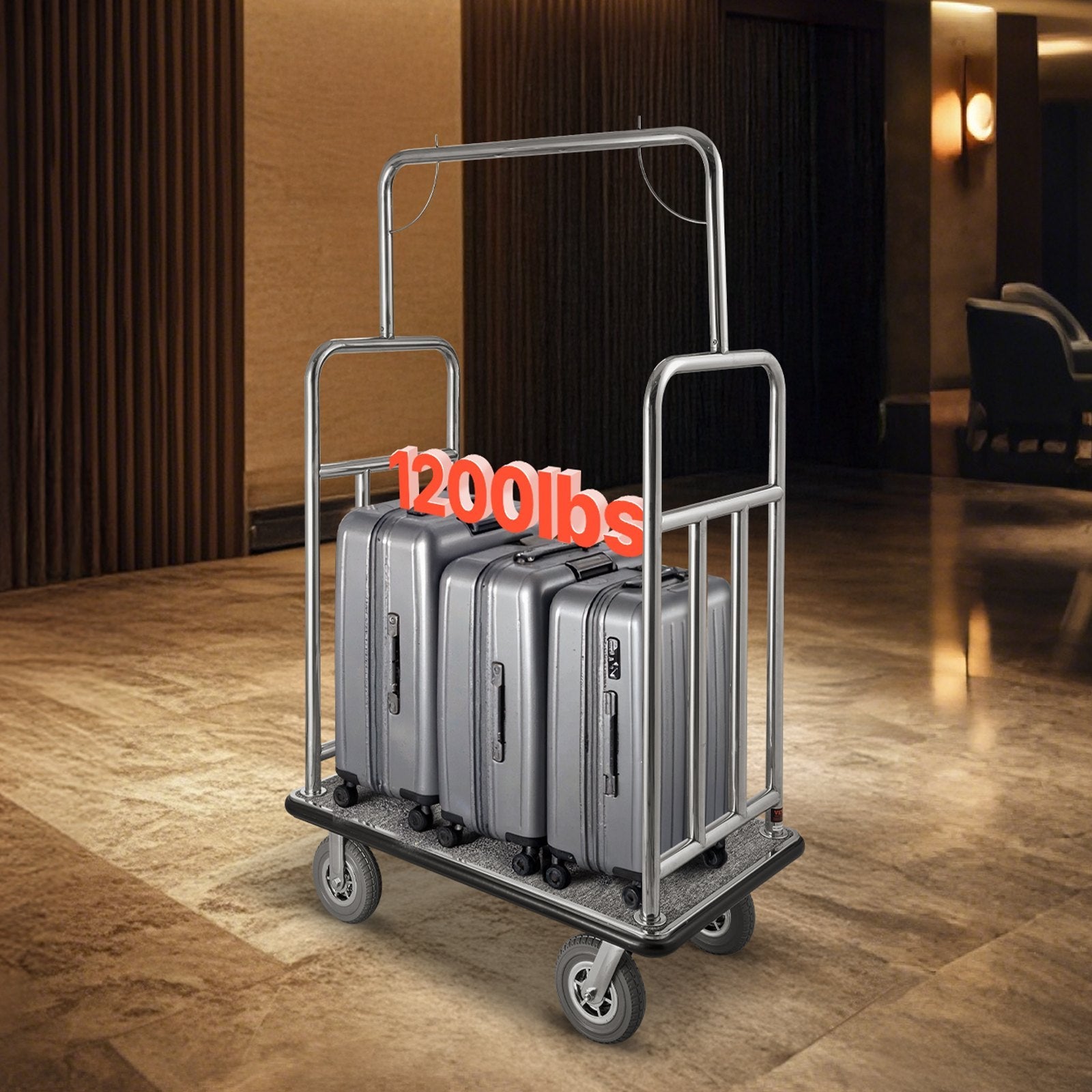 VEVOR Hotel Luggage Cart 1200 LBS Brushed Stainless Steel Finish Bellman's Cart 