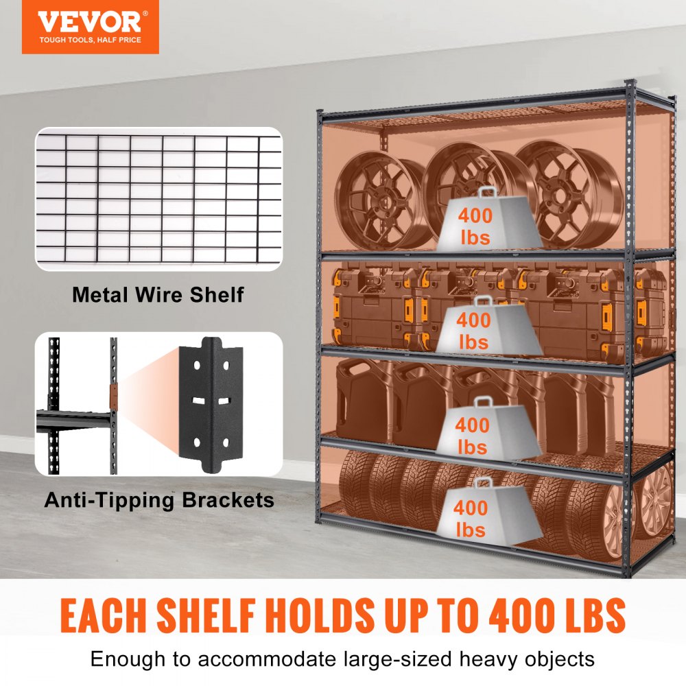 VEVOR Storage Shelving Unit, 5-Tier Adjustable, 2000 lbs Capacity, Heavy Duty Garage Shelves Metal Organizer Wire Rack, Black, 60" L x 24" W x 78" H for Kitchen Pantry Basement Bathroom Laundry Closet 