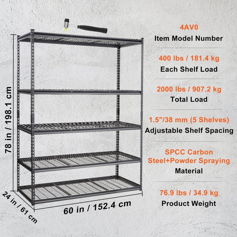 VEVOR Storage Shelving Unit, 5-Tier Adjustable, 2000 lbs Capacity, Heavy Duty Garage Shelves Metal Organizer Wire Rack, Black, 60" L x 24" W x 78" H for Kitchen Pantry Basement Bathroom Laundry Closet 