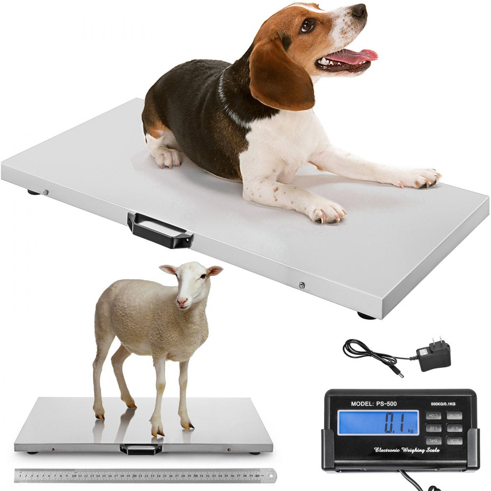 VEVOR 1100Lbs x 0.2Lbs Digital Livestock Scale Large Pet Vet Scale Stainless Steel Platform Electronic Postal Shipping Scale Heavy Duty Large Dog Hog Sheep Goat Pig Sheep Scale 