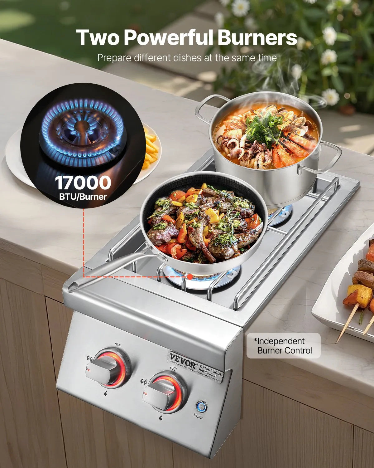 VEVOR Double Grilling Side Burners, 2 x 17,000BTU Liquid Propane Side Burner for Outdoor Kitchen, Convertible to Natural Gas, 304 Stainless Steel Built-in Double Burners with LED for BBQ Grill Island 