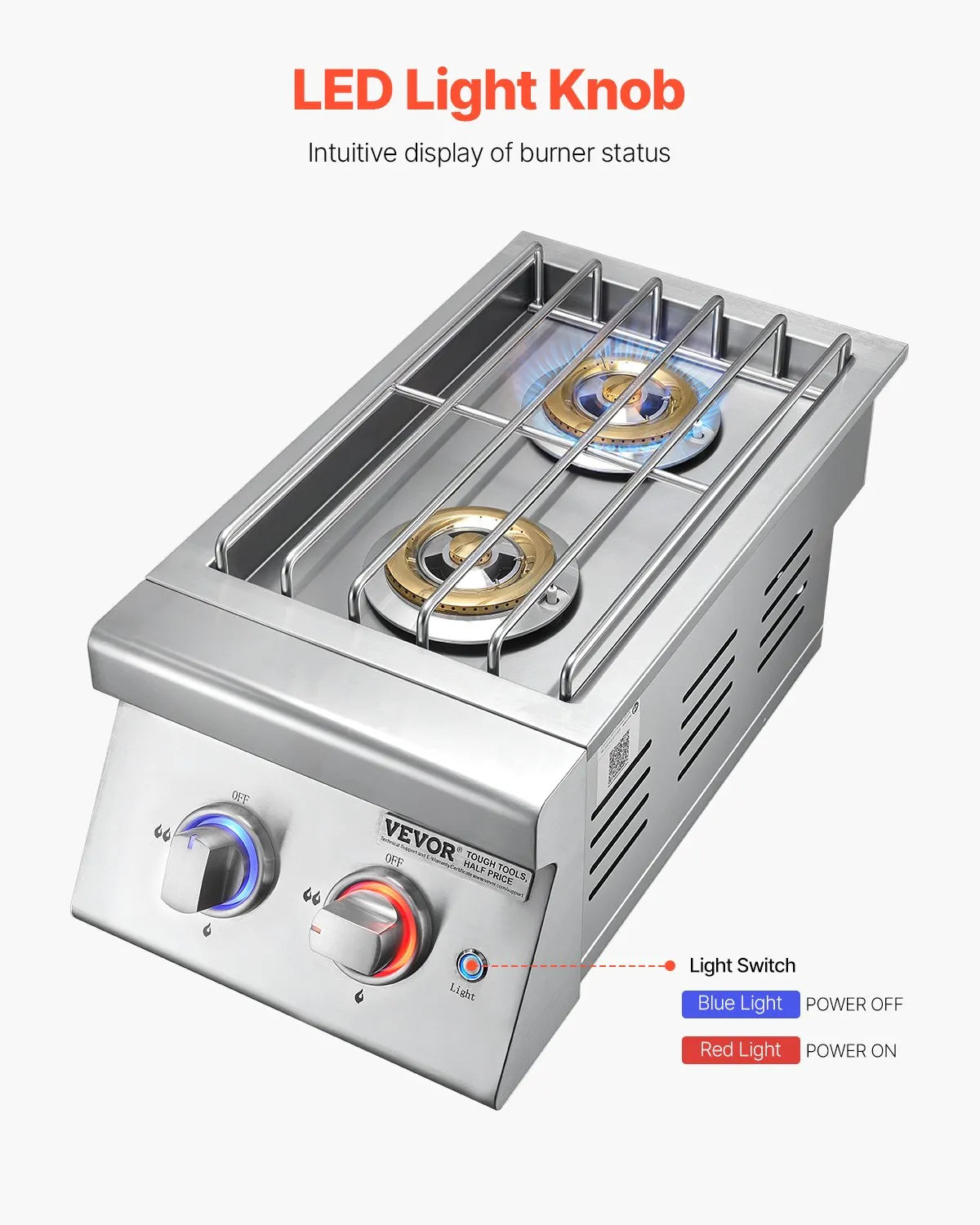VEVOR Double Grilling Side Burners, 2 x 17,000BTU Liquid Propane Side Burner for Outdoor Kitchen, Convertible to Natural Gas, 304 Stainless Steel Built-in Double Burners with LED for BBQ Grill Island 