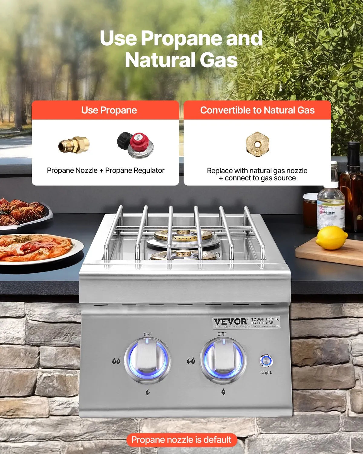 VEVOR Double Grilling Side Burners, 2 x 17,000BTU Liquid Propane Side Burner for Outdoor Kitchen, Convertible to Natural Gas, 304 Stainless Steel Built-in Double Burners with LED for BBQ Grill Island 