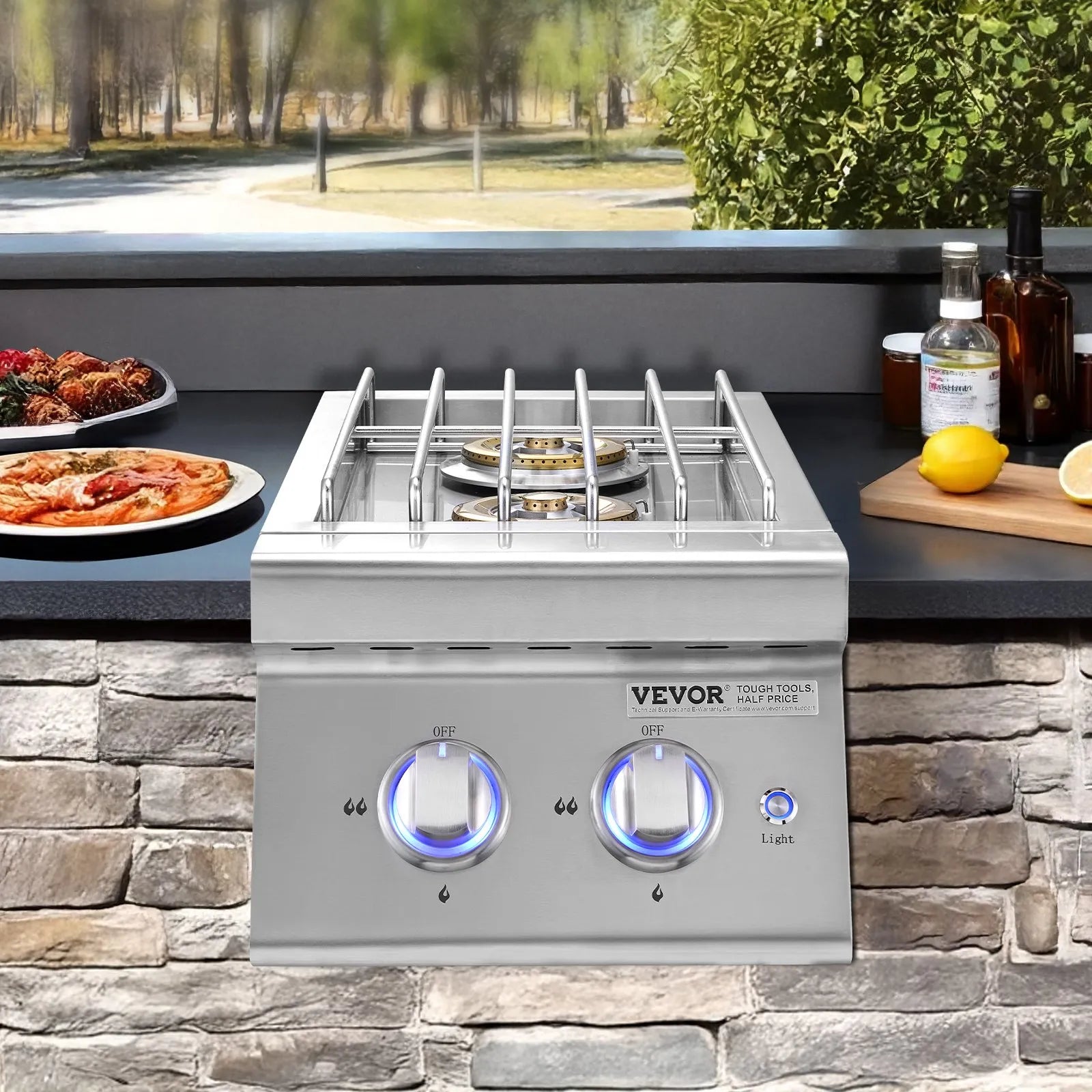 VEVOR Double Grilling Side Burners, 2 x 17,000BTU Liquid Propane Side Burner for Outdoor Kitchen, Convertible to Natural Gas, 304 Stainless Steel Built-in Double Burners with LED for BBQ Grill Island 