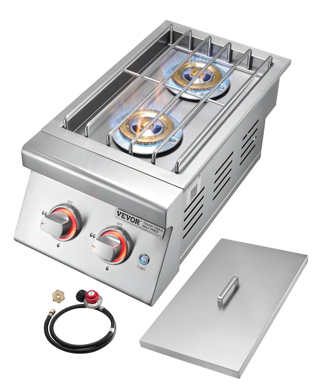 VEVOR Double Grilling Side Burners, 2 x 17,000BTU Liquid Propane Side Burner for Outdoor Kitchen, Convertible to Natural Gas, 304 Stainless Steel Built-in Double Burners with LED for BBQ Grill Island 