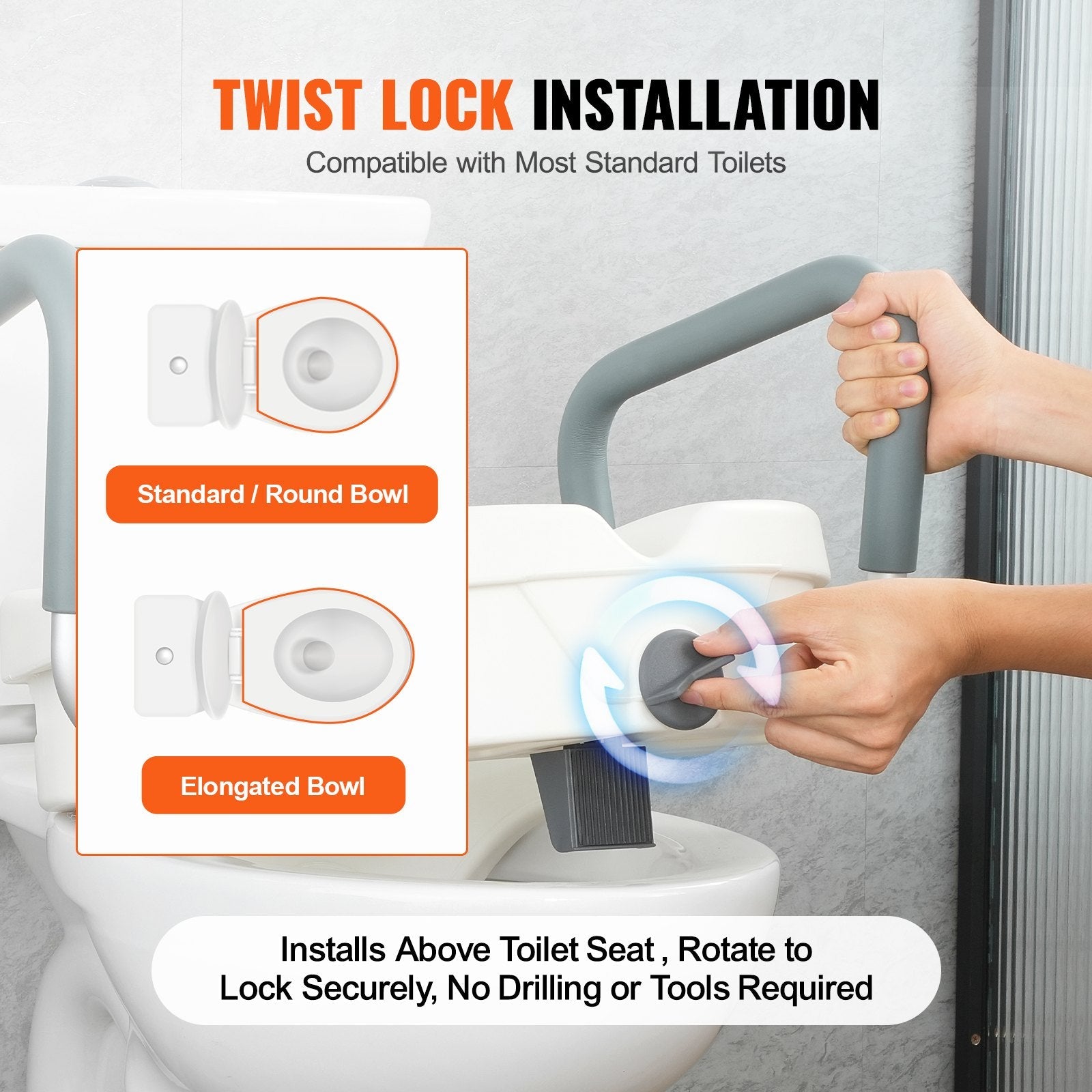 VEVOR Raised Toilet Seat, 5" Height Raised, 350 lbs Weight Capacity, for Round and Elongated Toilet, Twist Lock Installation,19.1" - 21.7" Adjustable Width, for Elderly, Handicap, Patient, Pregnant, M 