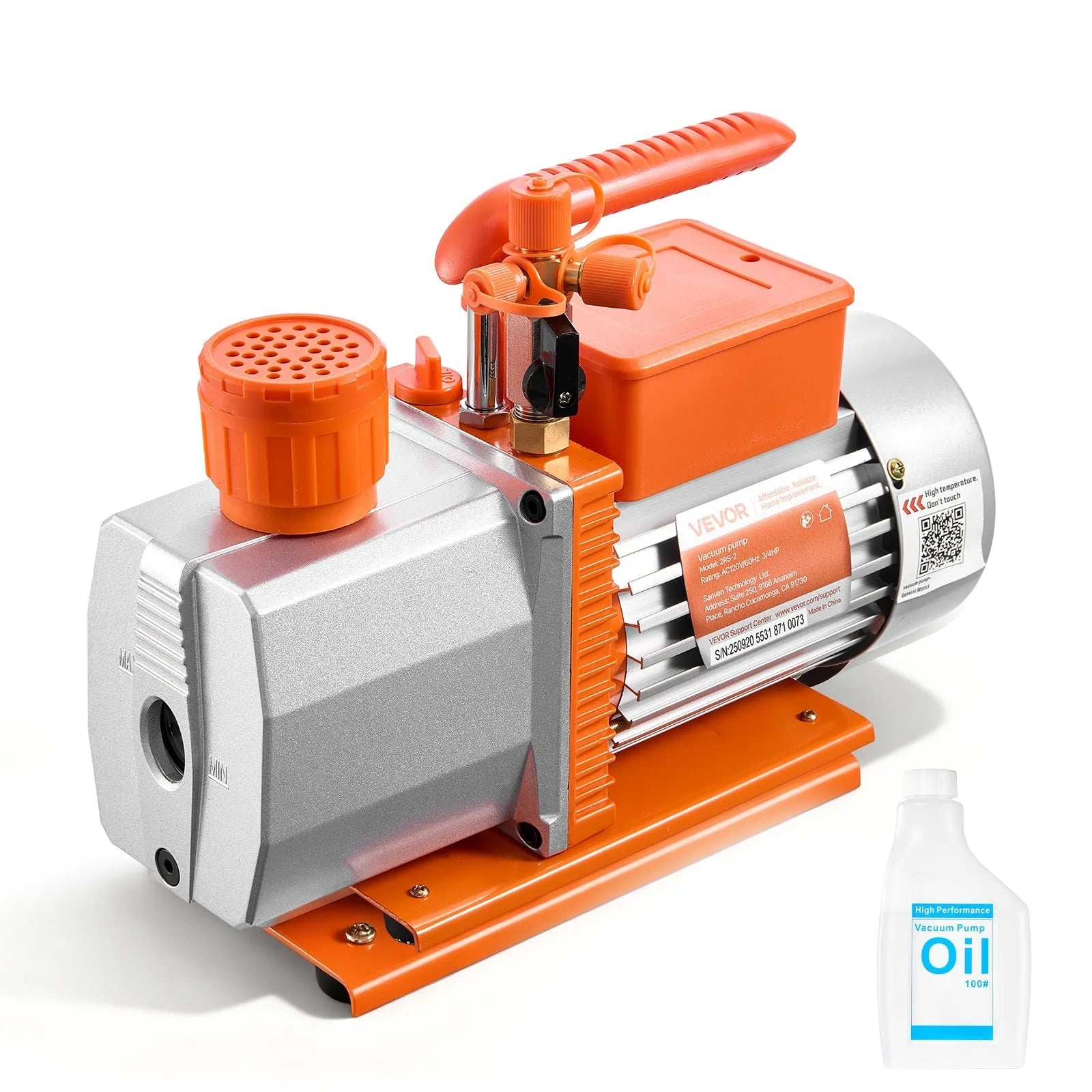 VEVOR Vacuum Pump, 7 CFM 3/4 HP, HVAC Two Stage Rotary Vane AC Vacuum Pump, for R134a R22 R410a R1234YF R32, 4 Pole Motor, for Automotive Air Conditioner Maintenance Resin Degassing, Oil Included 