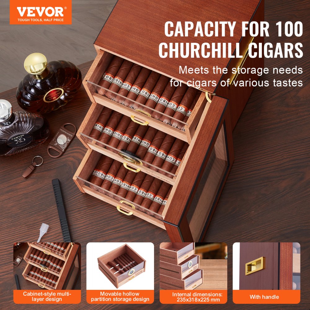 VEVOR 150 Cigar Humidor Cabinet Cedar Cigar Box Humidifier & Hygrometer & Shelve 