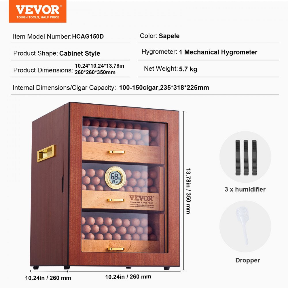 VEVOR 150 Cigar Humidor Cabinet Cedar Cigar Box Humidifier & Hygrometer & Shelve 