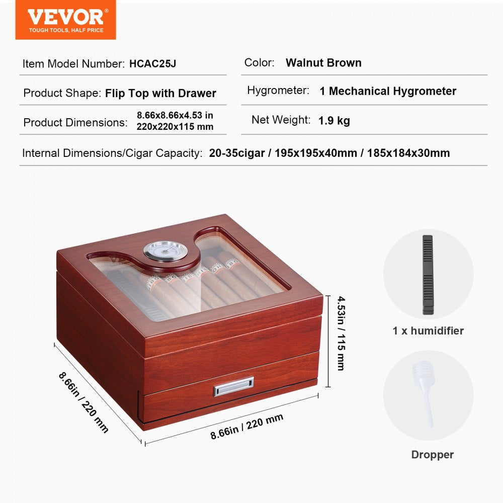 VEVOR 35 Cigar Humidor Glasstop Cedar Cigar Box Humidifier & Hygrometer & Drawer 