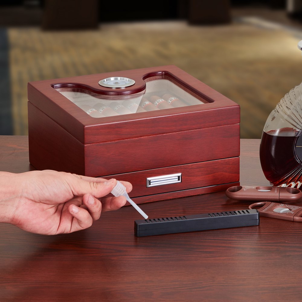 VEVOR 35 Cigar Humidor Glasstop Cedar Cigar Box Humidifier & Hygrometer & Drawer 