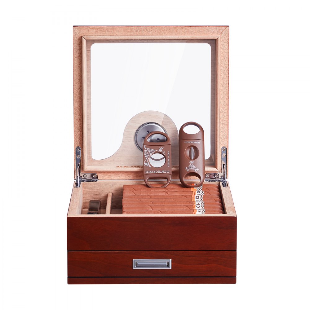 VEVOR 35 Cigar Humidor Glasstop Cedar Cigar Box Humidifier & Hygrometer & Drawer 