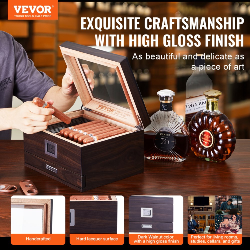VEVOR 50 Cigar Humidor Glasstop Cedar Cigar Box Humidifier & Hygrometer & Drawer 
