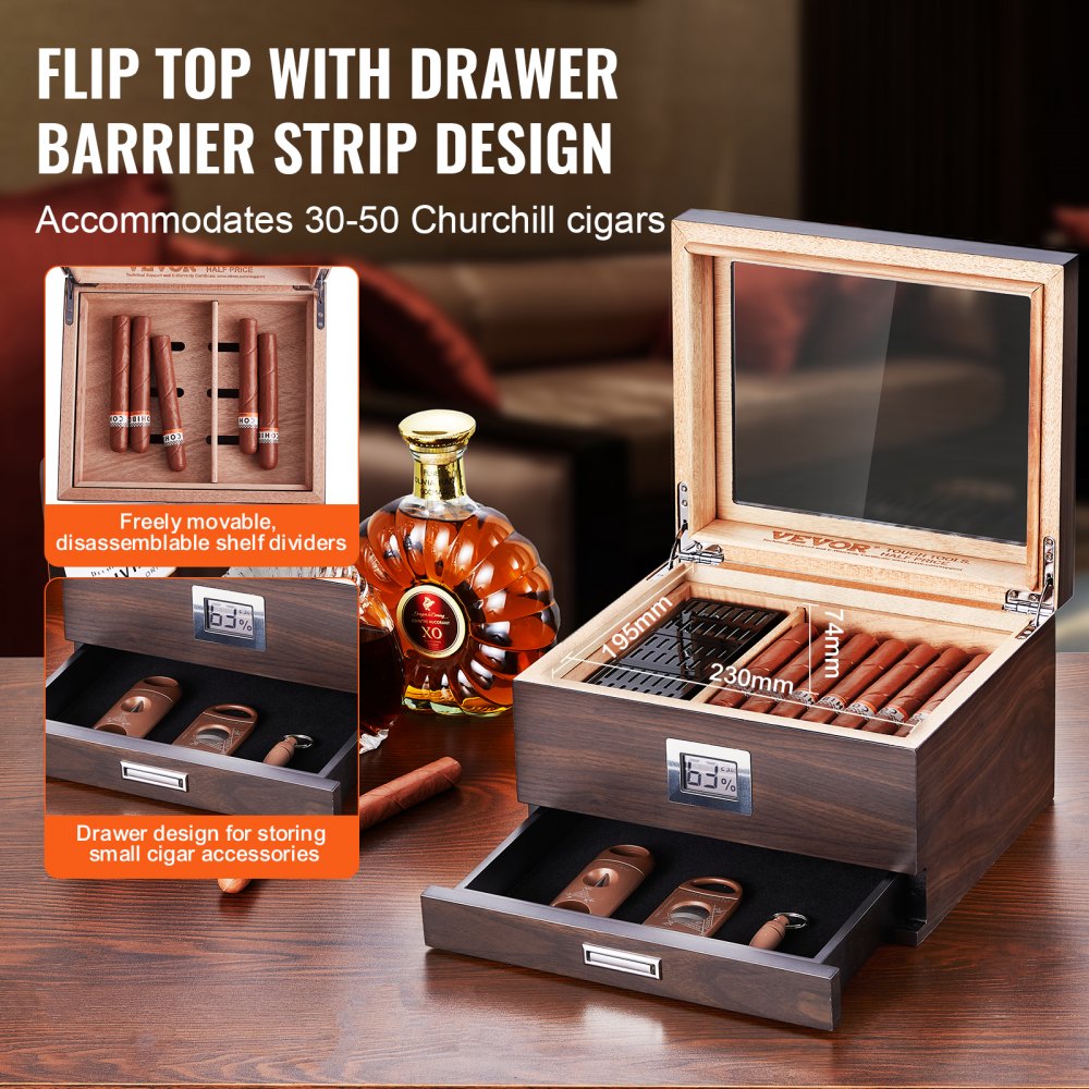 VEVOR 50 Cigar Humidor Glasstop Cedar Cigar Box Humidifier & Hygrometer & Drawer 