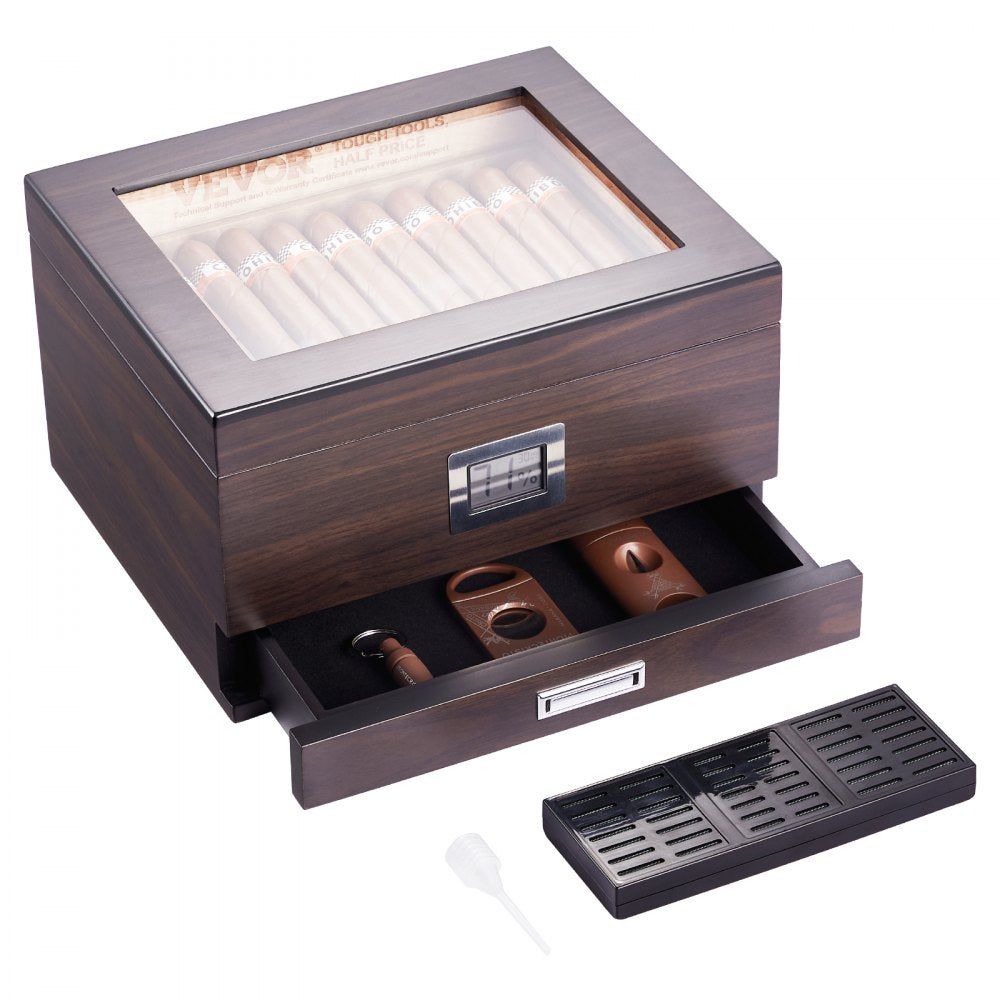 VEVOR 50 Cigar Humidor Glasstop Cedar Cigar Box Humidifier & Hygrometer & Drawer 