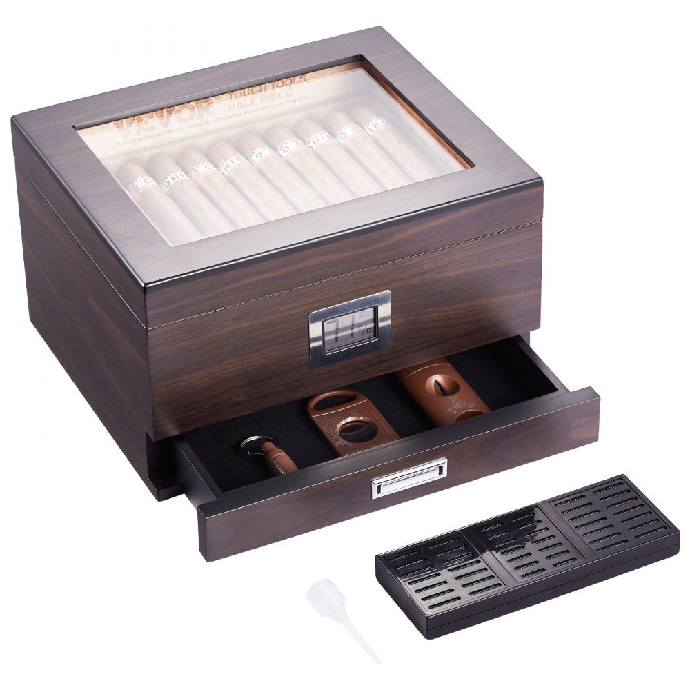 VEVOR 50 Cigar Humidor Glasstop Cedar Cigar Box Humidifier & Hygrometer & Drawer 
