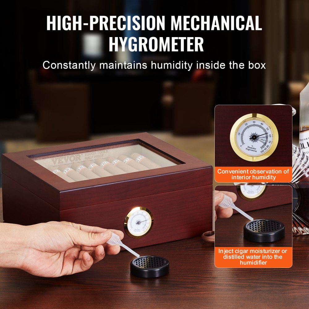 VEVOR 50 Cigars Humidor Glasstop Cedar Cigar Storage Box Humidifier Hygrometer 