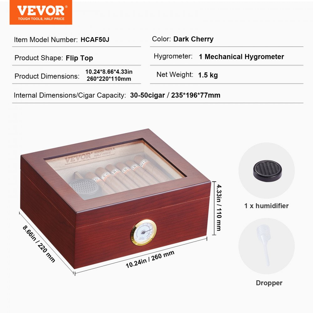 VEVOR 50 Cigars Humidor Glasstop Cedar Cigar Storage Box Humidifier Hygrometer 