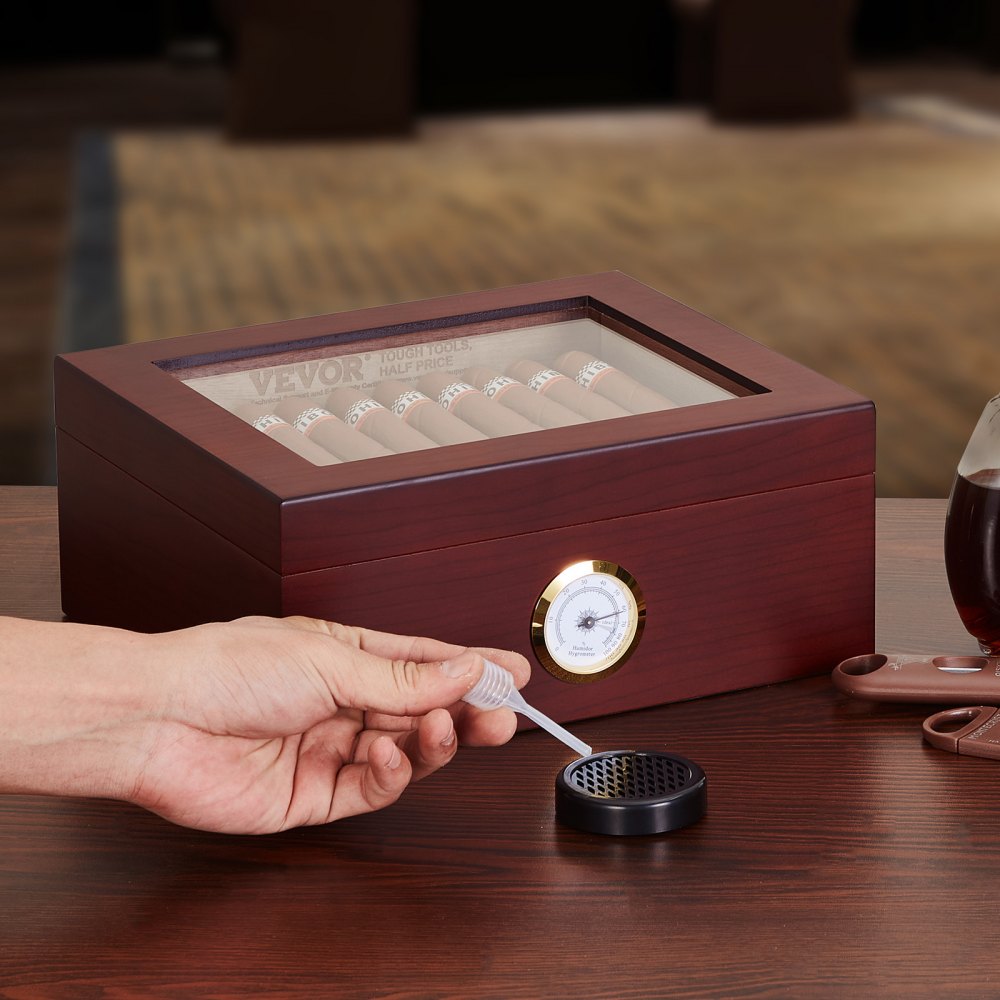 VEVOR 50 Cigars Humidor Glasstop Cedar Cigar Storage Box Humidifier Hygrometer 