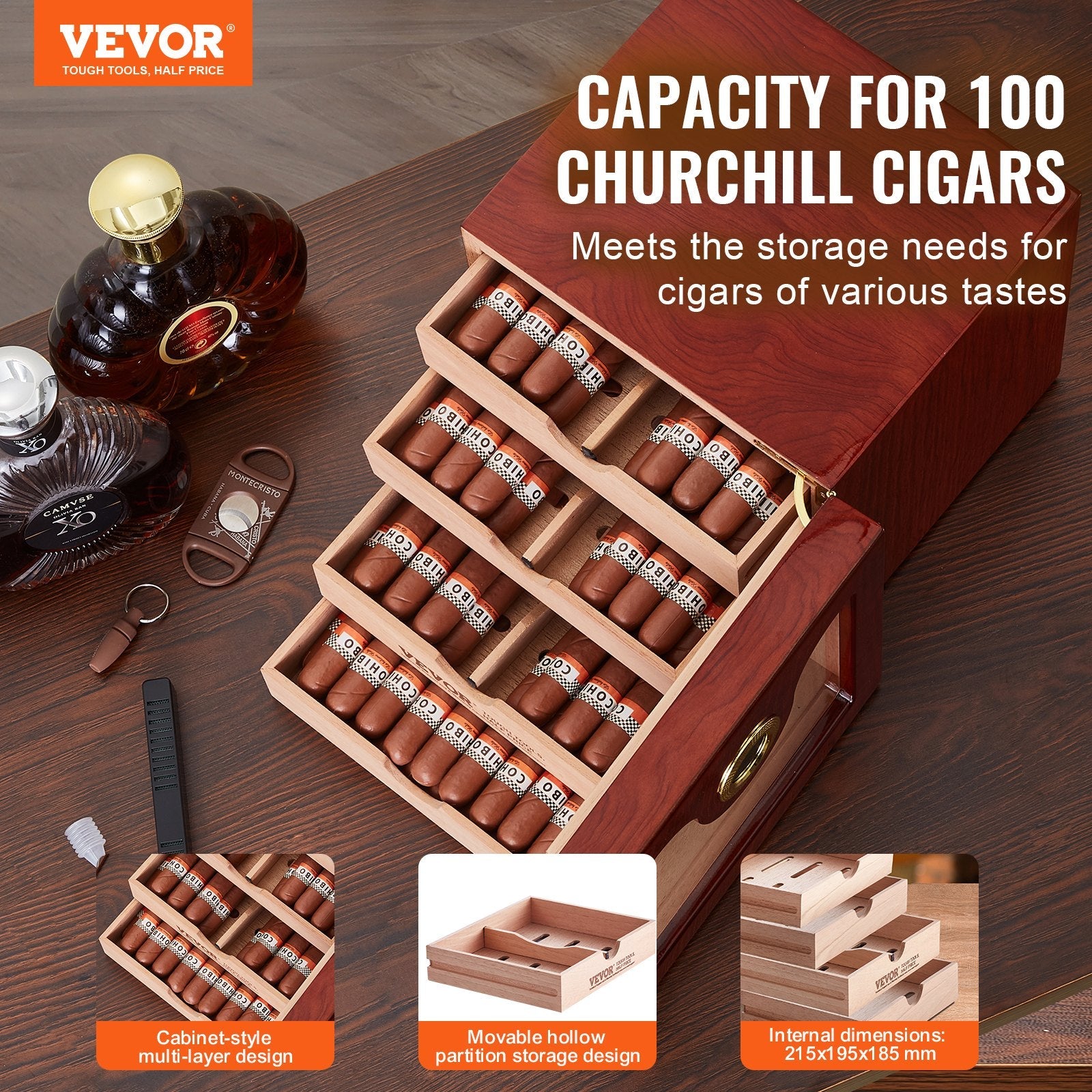 VEVOR 100 Cigar Humidor Cabinet Cedar Cigar Box Humidifier & Hygrometer & Shelve 