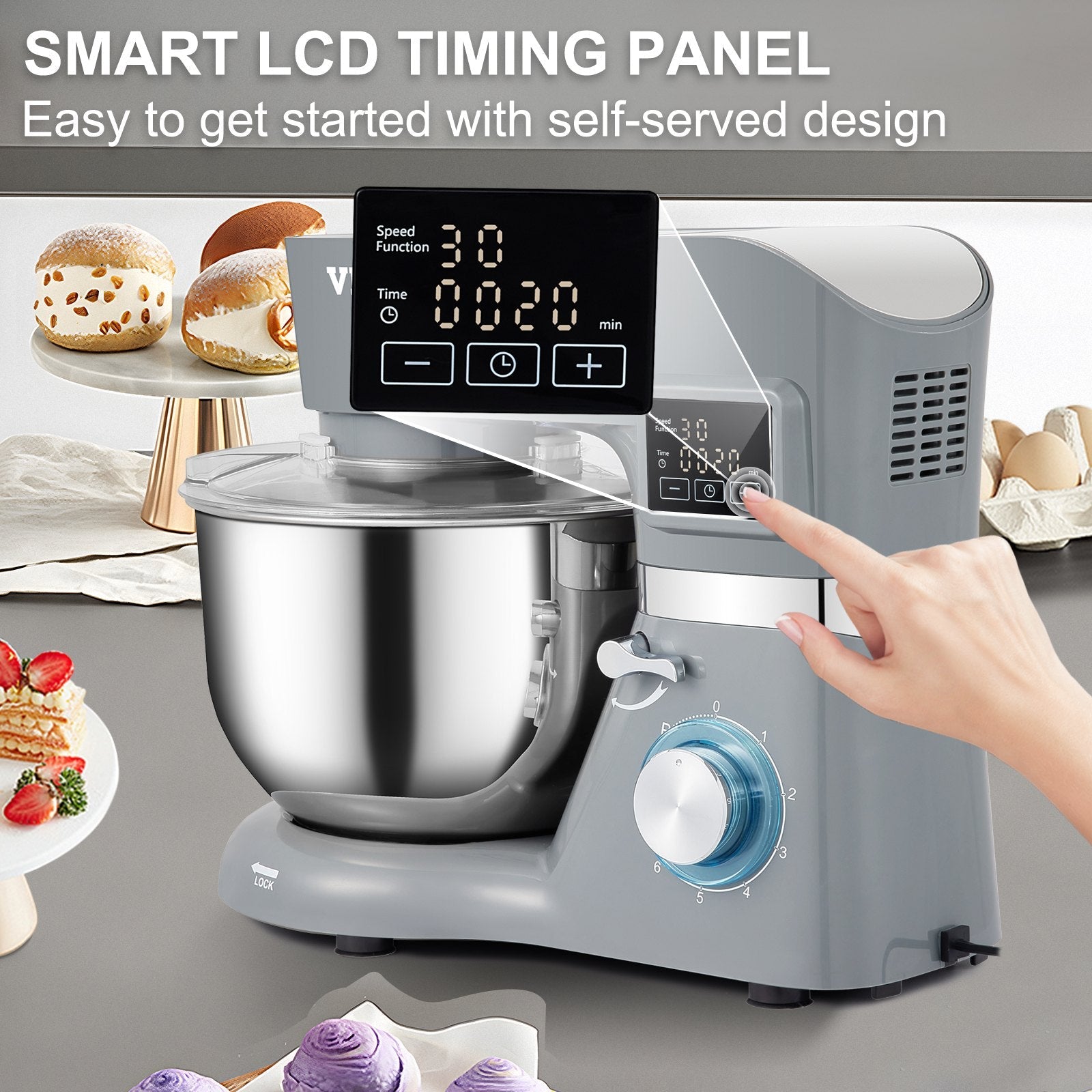 VEVOR Stand Mixer, 660W Electric Dough Mixer with 6 Speeds LCD Screen Timing, Tilt-Head Food Mixer with 5.8 Qt Stainless Steel Bowl, Dough Hook, Flat Beater, Whisk, Scraper, Splash-Proof Cover - Gray 