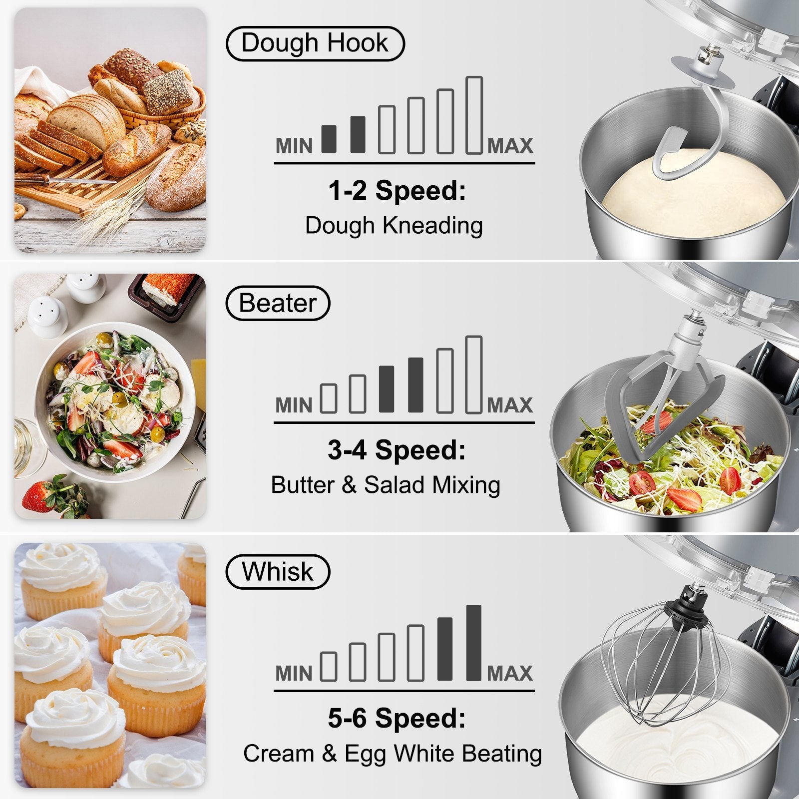 VEVOR Stand Mixer, 660W Electric Dough Mixer with 6 Speeds LCD Screen Timing, Tilt-Head Food Mixer with 5.8 Qt Stainless Steel Bowl, Dough Hook, Flat Beater, Whisk, Scraper, Splash-Proof Cover - Gray 