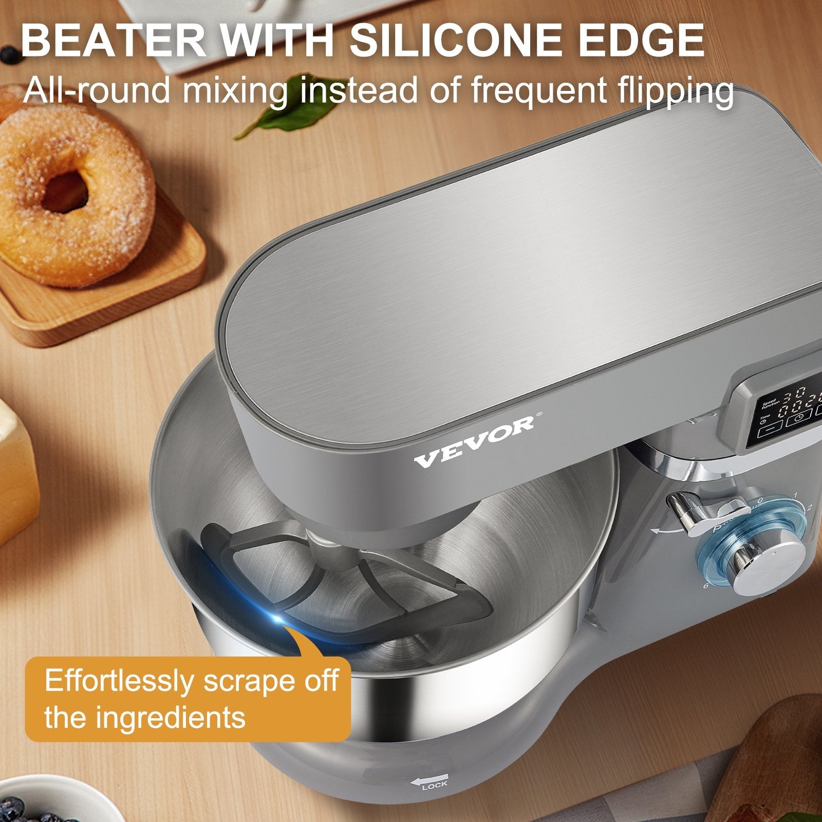 VEVOR Stand Mixer, 660W Electric Dough Mixer with 6 Speeds LCD Screen Timing, Tilt-Head Food Mixer with 5.8 Qt Stainless Steel Bowl, Dough Hook, Flat Beater, Whisk, Scraper, Splash-Proof Cover - Gray 