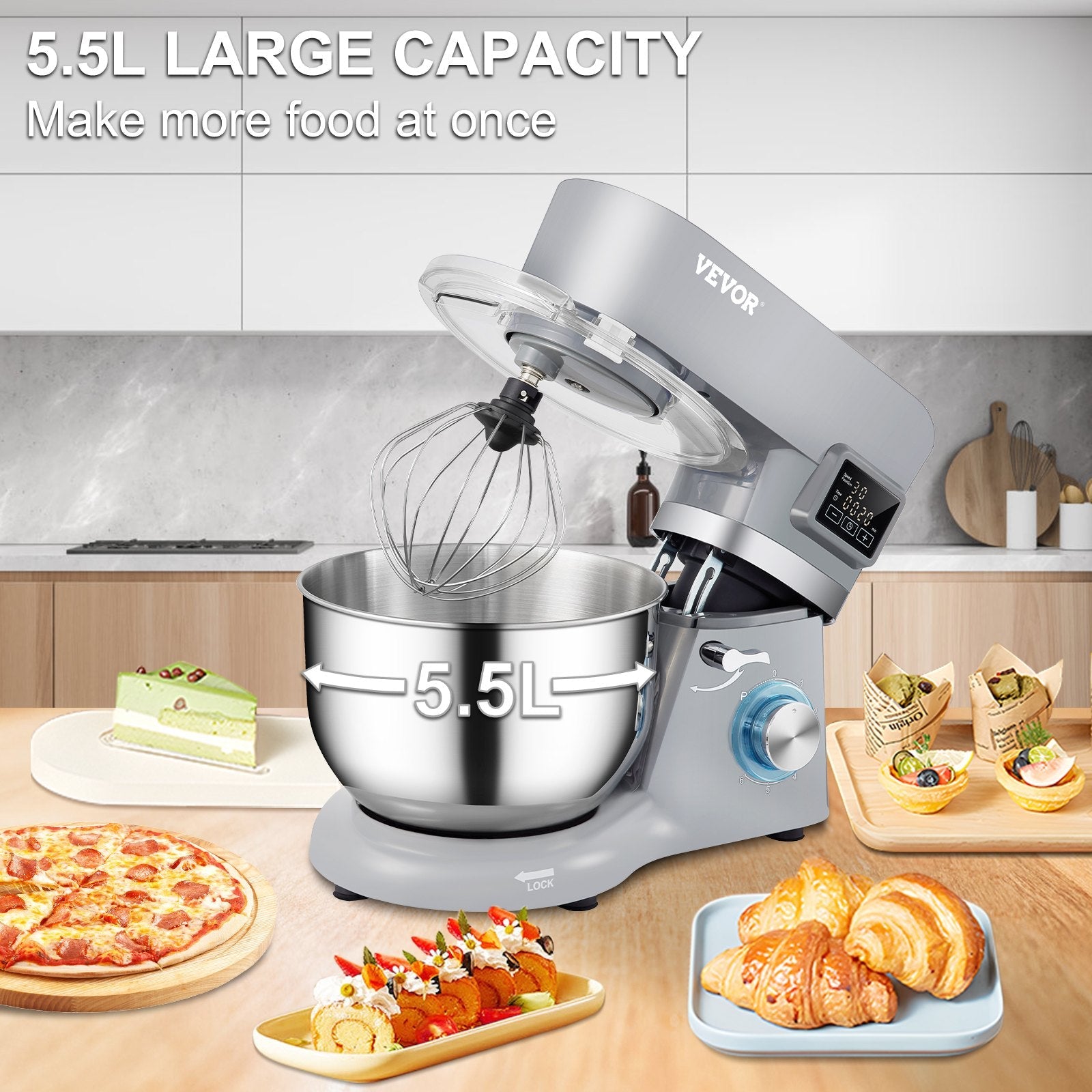 VEVOR Stand Mixer, 660W Electric Dough Mixer with 6 Speeds LCD Screen Timing, Tilt-Head Food Mixer with 5.8 Qt Stainless Steel Bowl, Dough Hook, Flat Beater, Whisk, Scraper, Splash-Proof Cover - Gray 