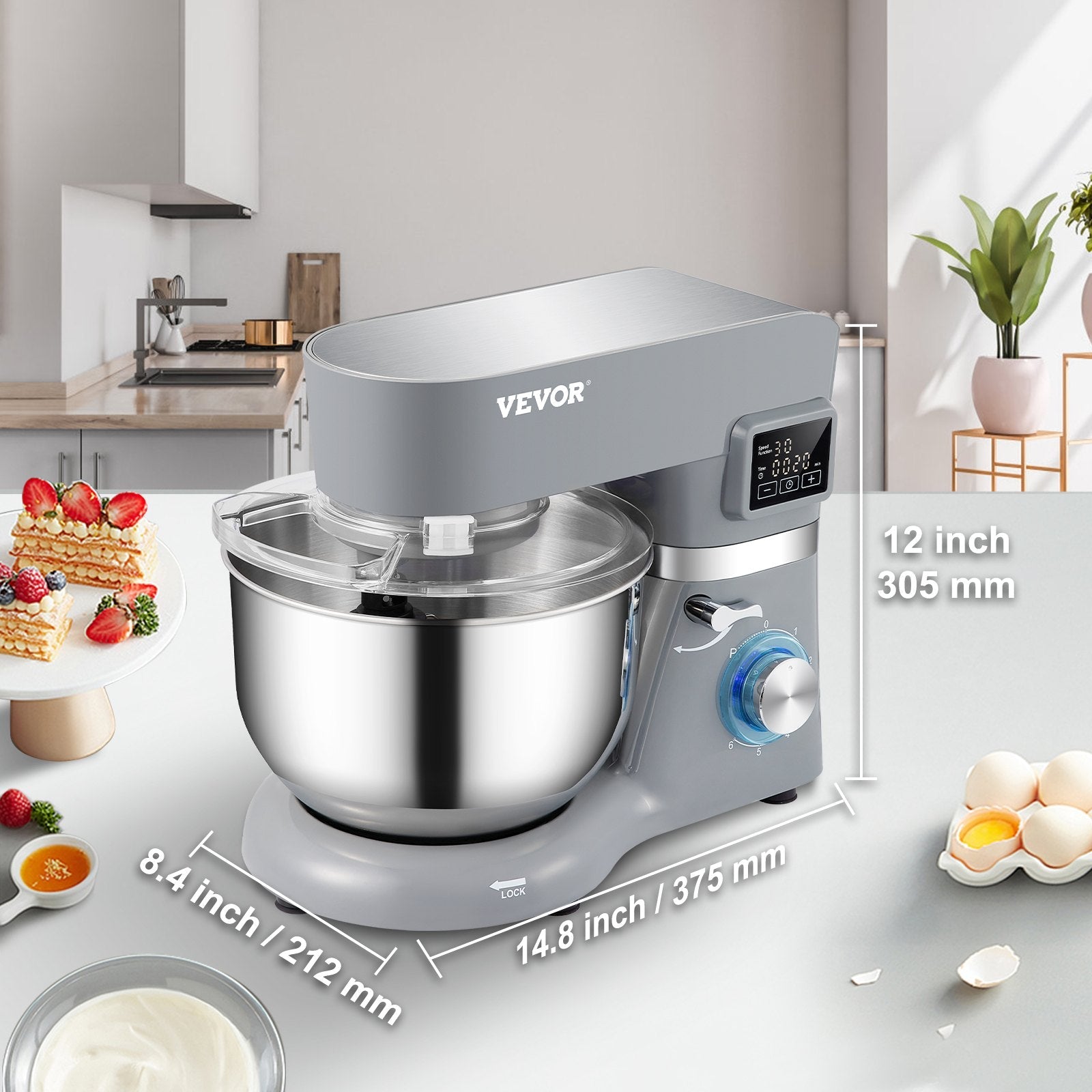 VEVOR Stand Mixer, 660W Electric Dough Mixer with 6 Speeds LCD Screen Timing, Tilt-Head Food Mixer with 5.8 Qt Stainless Steel Bowl, Dough Hook, Flat Beater, Whisk, Scraper, Splash-Proof Cover - Gray 