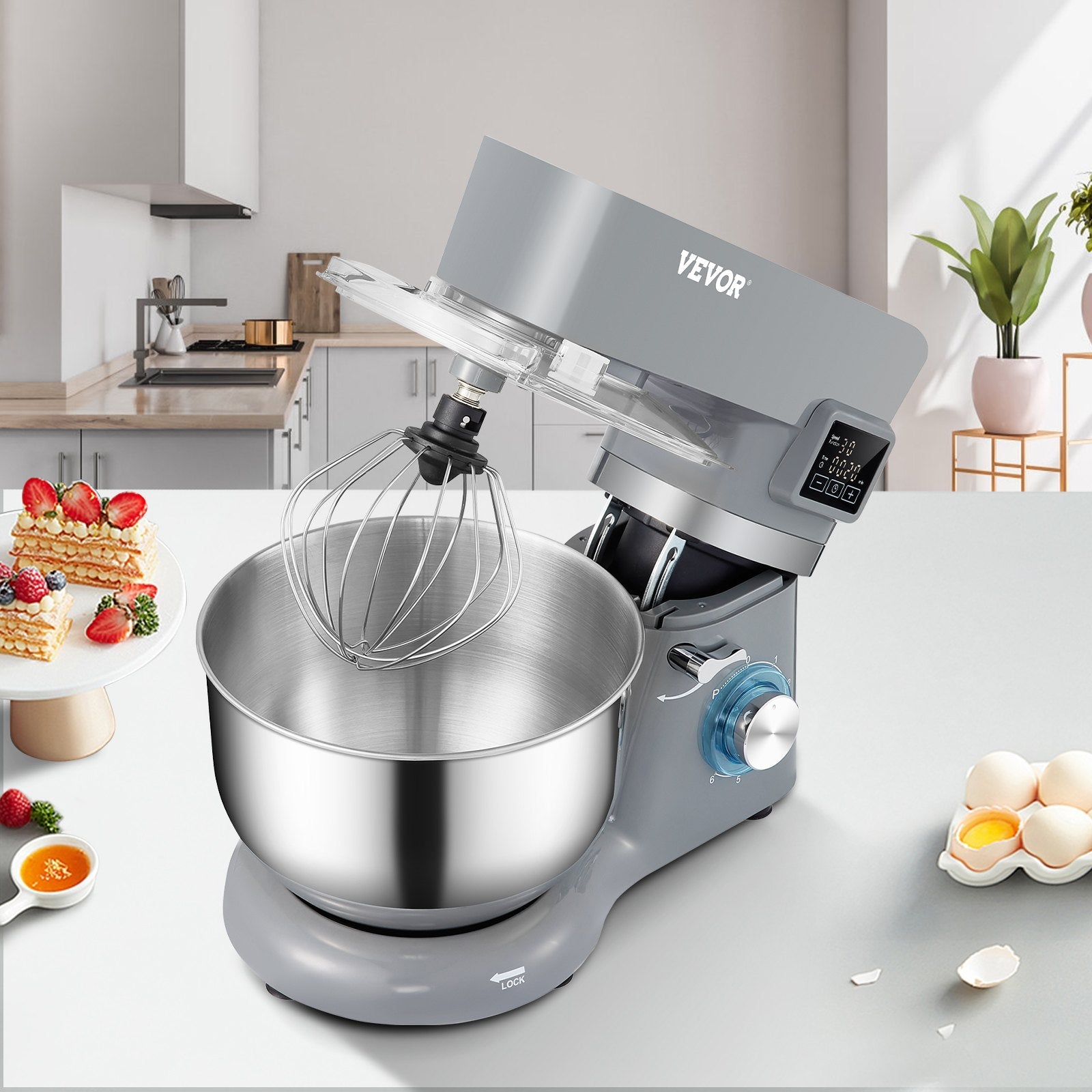 VEVOR Stand Mixer, 660W Electric Dough Mixer with 6 Speeds LCD Screen Timing, Tilt-Head Food Mixer with 5.8 Qt Stainless Steel Bowl, Dough Hook, Flat Beater, Whisk, Scraper, Splash-Proof Cover - Gray 