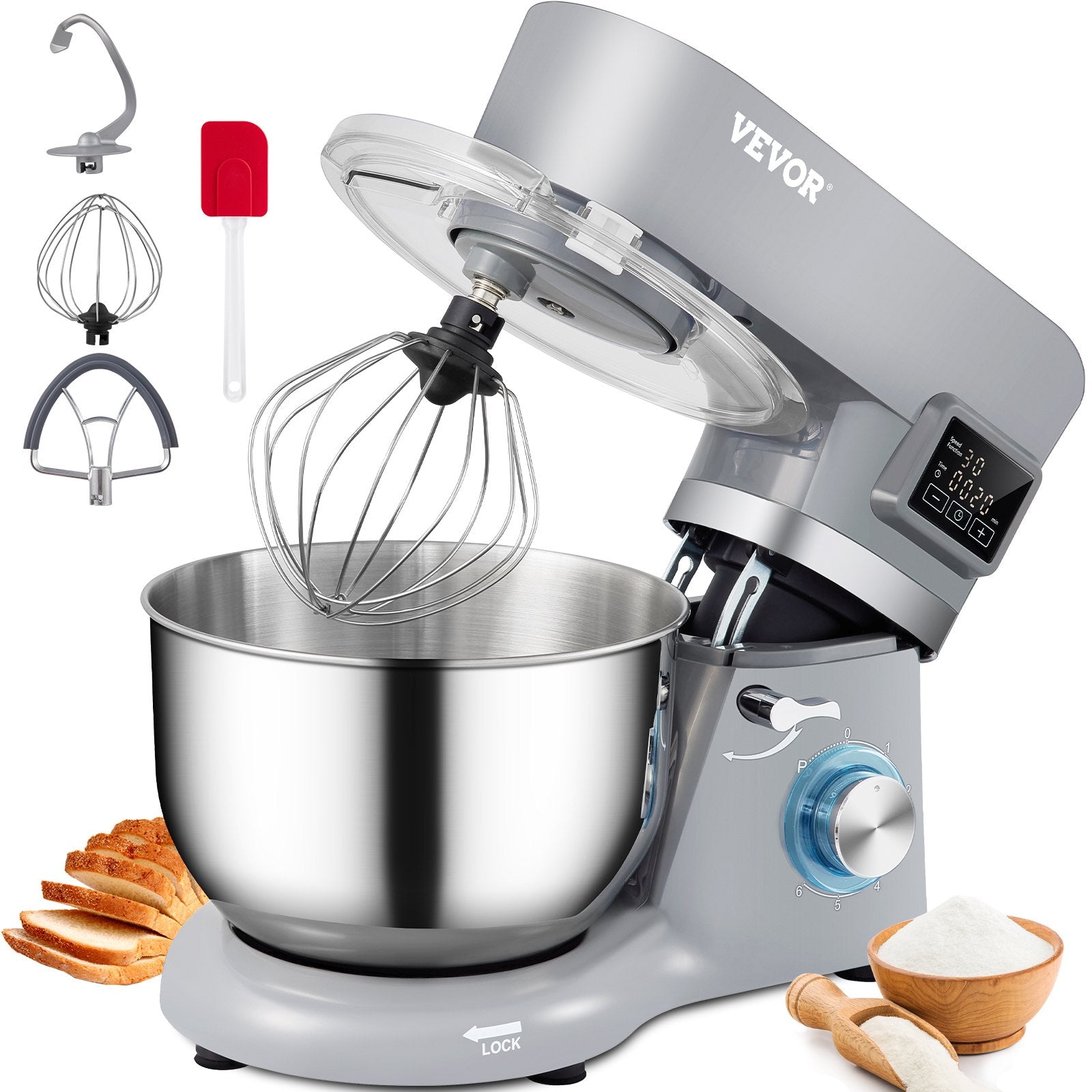 VEVOR Stand Mixer, 660W Electric Dough Mixer with 6 Speeds LCD Screen Timing, Tilt-Head Food Mixer with 5.8 Qt Stainless Steel Bowl, Dough Hook, Flat Beater, Whisk, Scraper, Splash-Proof Cover - Gray 
