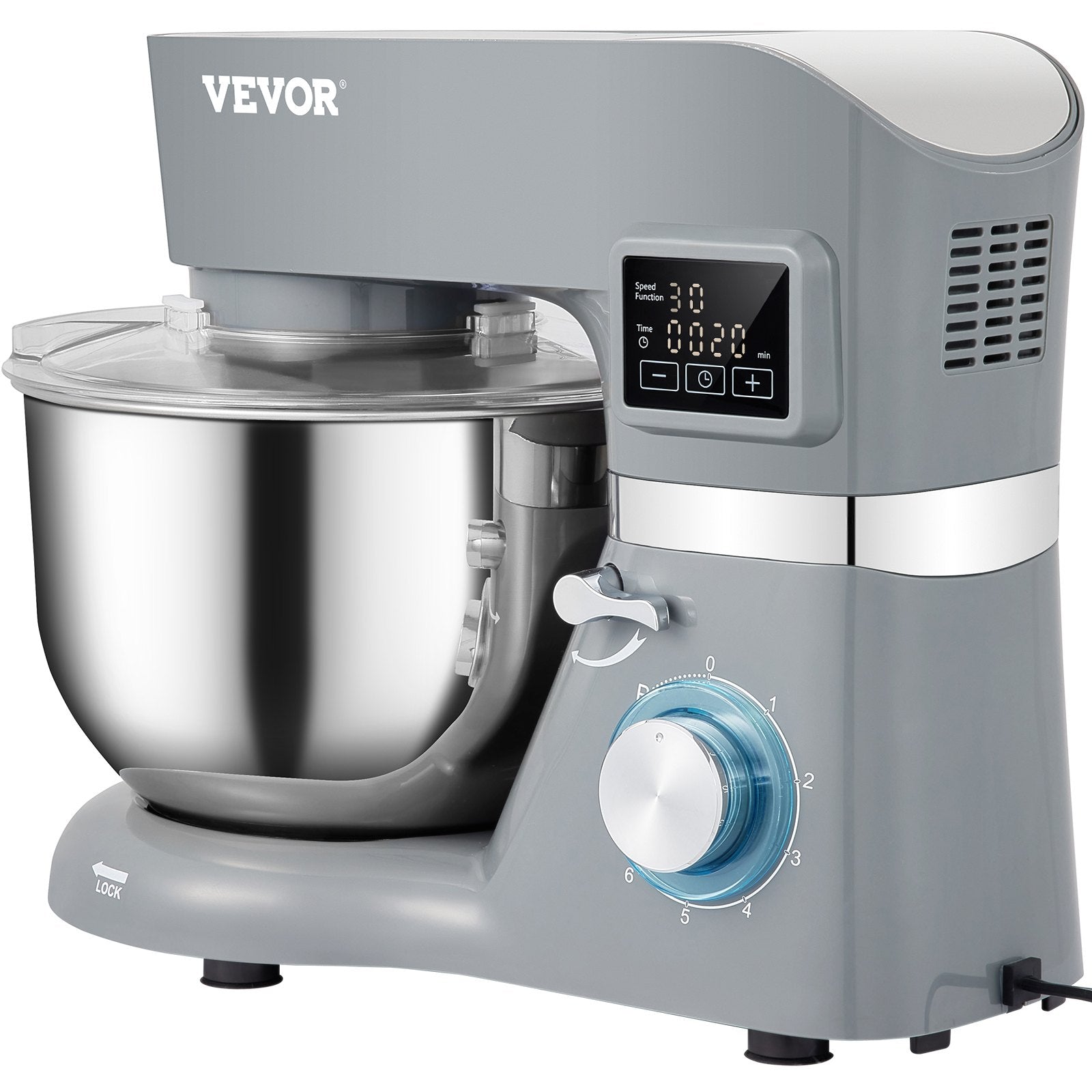 VEVOR Stand Mixer, 660W Electric Dough Mixer with 6 Speeds LCD Screen Timing, Tilt-Head Food Mixer with 5.8 Qt Stainless Steel Bowl, Dough Hook, Flat Beater, Whisk, Scraper, Splash-Proof Cover - Gray 