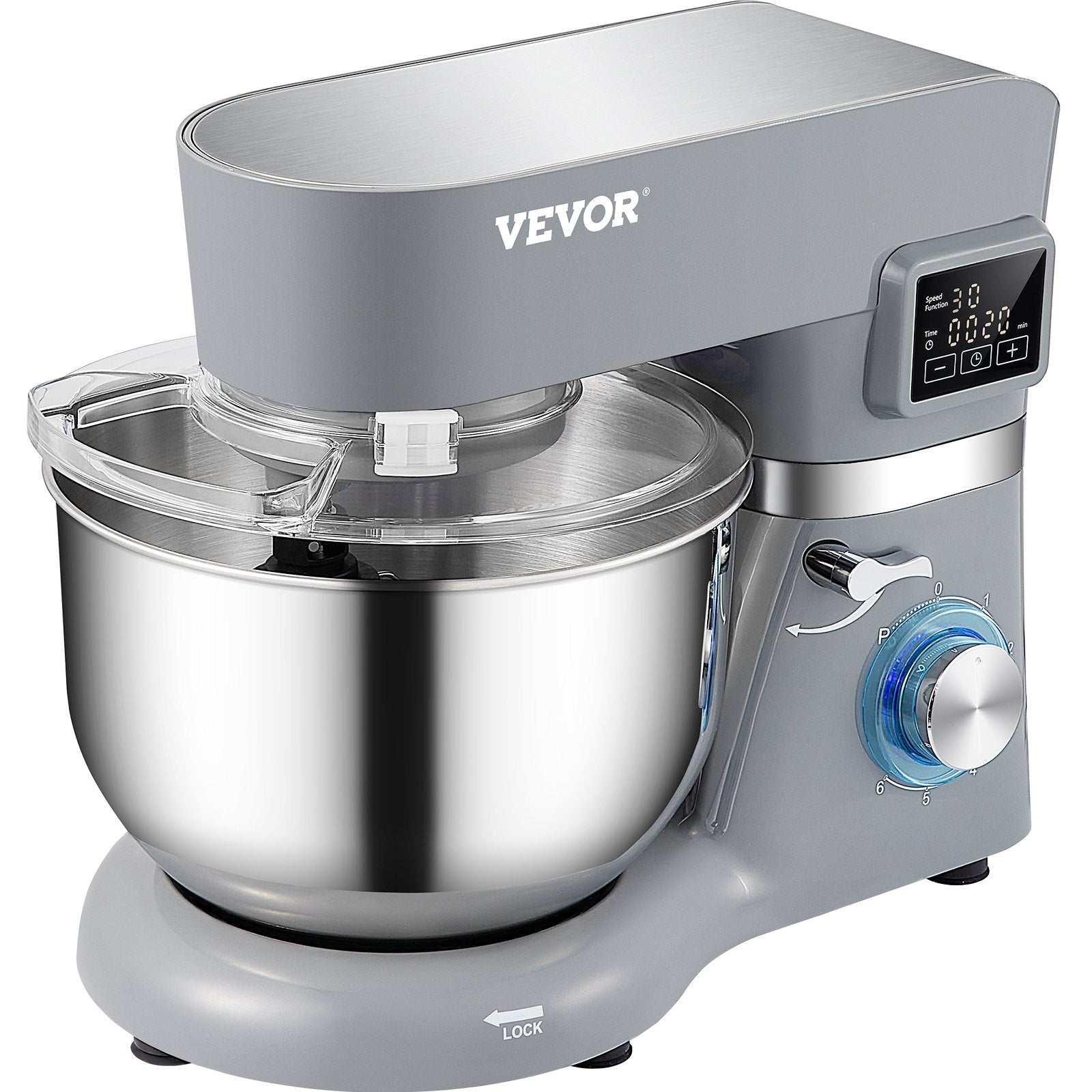 VEVOR Stand Mixer, 660W Electric Dough Mixer with 6 Speeds LCD Screen Timing, Tilt-Head Food Mixer with 5.8 Qt Stainless Steel Bowl, Dough Hook, Flat Beater, Whisk, Scraper, Splash-Proof Cover - Gray 