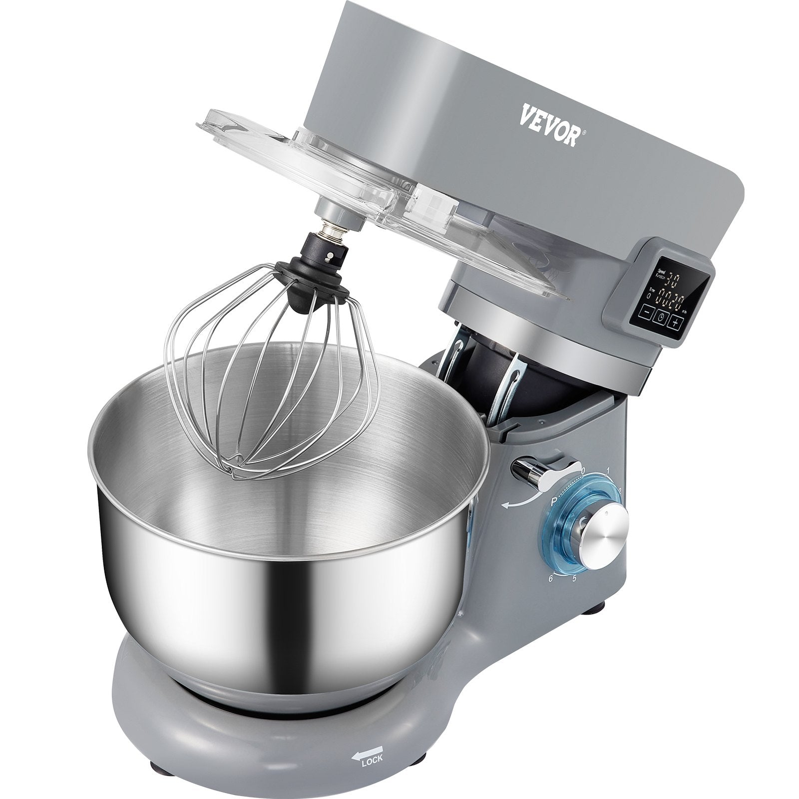 VEVOR Stand Mixer, 660W Electric Dough Mixer with 6 Speeds LCD Screen Timing, Tilt-Head Food Mixer with 5.8 Qt Stainless Steel Bowl, Dough Hook, Flat Beater, Whisk, Scraper, Splash-Proof Cover - Gray 