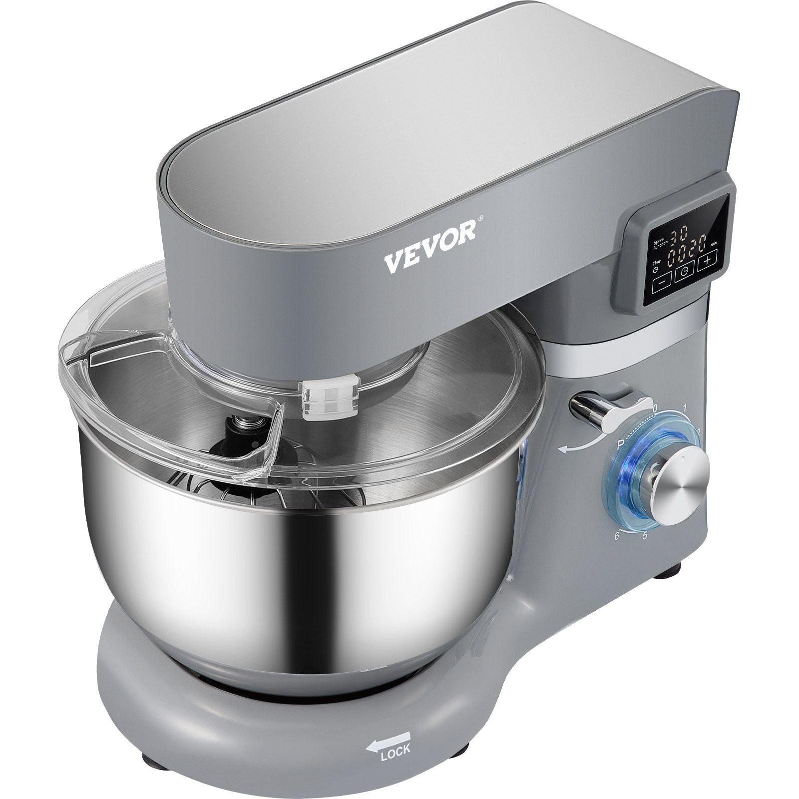 VEVOR Stand Mixer, 660W Electric Dough Mixer with 6 Speeds LCD Screen Timing, Tilt-Head Food Mixer with 5.8 Qt Stainless Steel Bowl, Dough Hook, Flat Beater, Whisk, Scraper, Splash-Proof Cover - Gray 