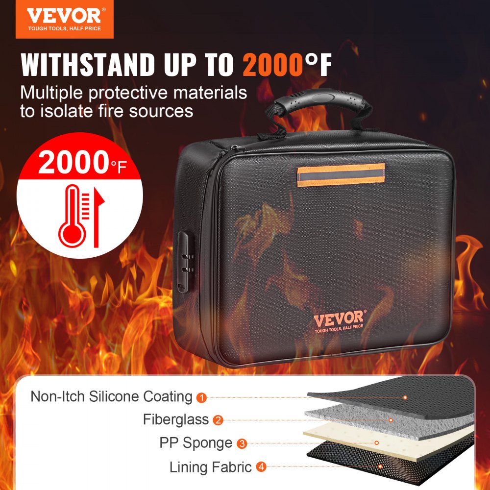 VEVOR Fireproof Document Box, Fireproof Document Bag with Lock 2000?, 3-layer Fireproof and Waterproof File Box 14.17x10.63x4.13 inch with Zipper, for Money, Documents, Jewelry and Passport 