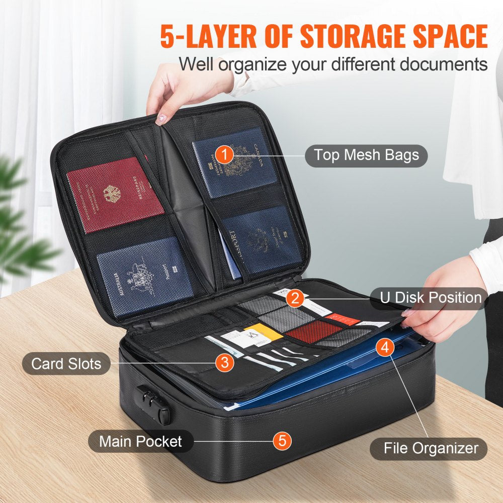 VEVOR Fireproof Document Box, Fireproof Document Bag with Lock 2000?, 3-layer Fireproof and Waterproof File Box 14.17x10.63x4.13 inch with Zipper, for Money, Documents, Jewelry and Passport 