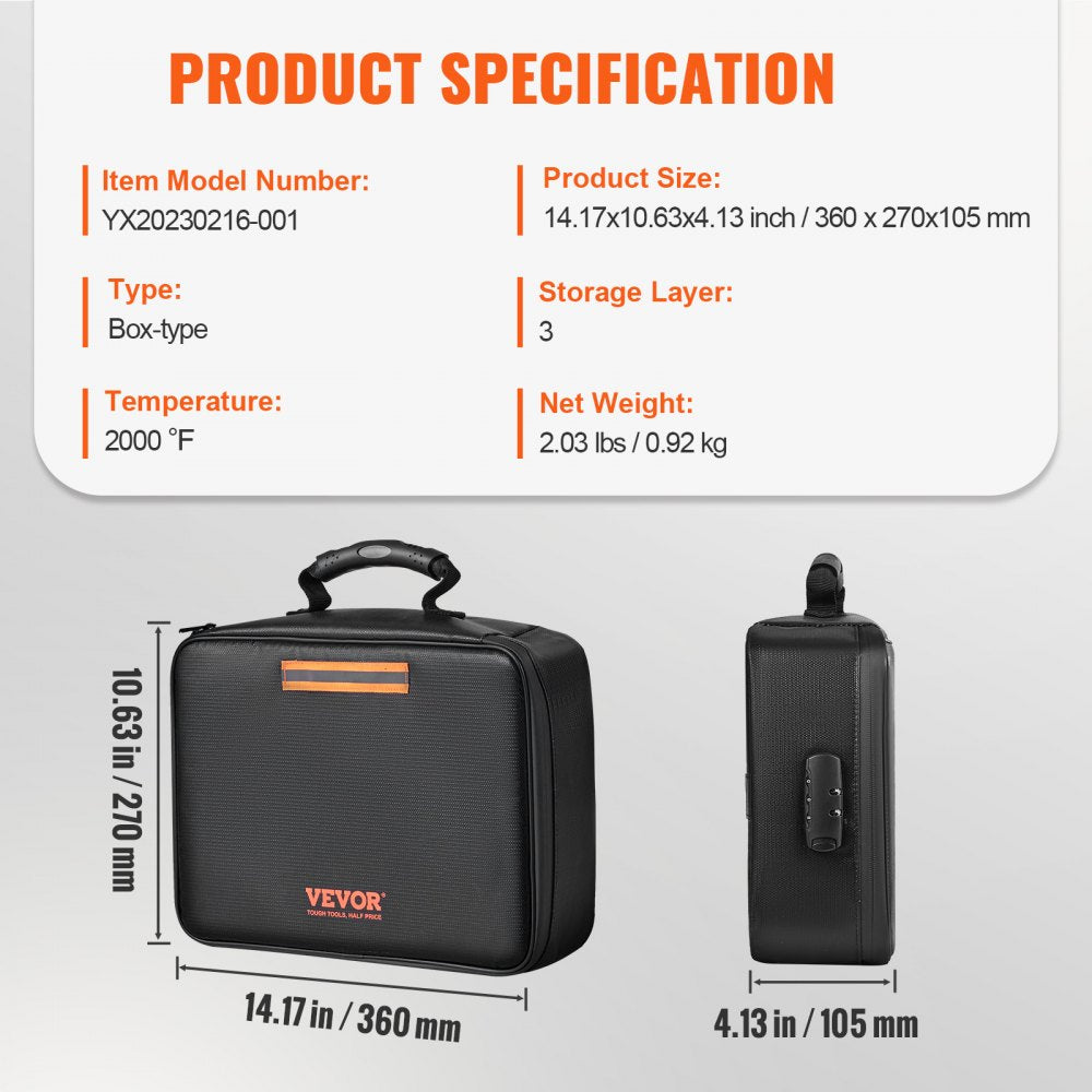 VEVOR Fireproof Document Box, Fireproof Document Bag with Lock 2000?, 3-layer Fireproof and Waterproof File Box 14.17x10.63x4.13 inch with Zipper, for Money, Documents, Jewelry and Passport 