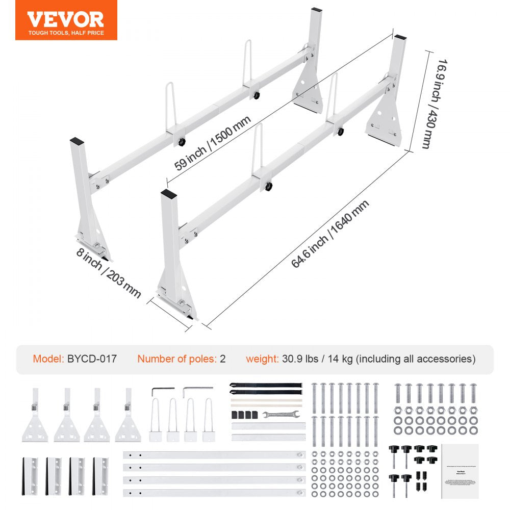 VEVOR Trailer Ladder Rack Van Roof Ladder Rack 600 lbs 56.7-63 inch Adjustable 