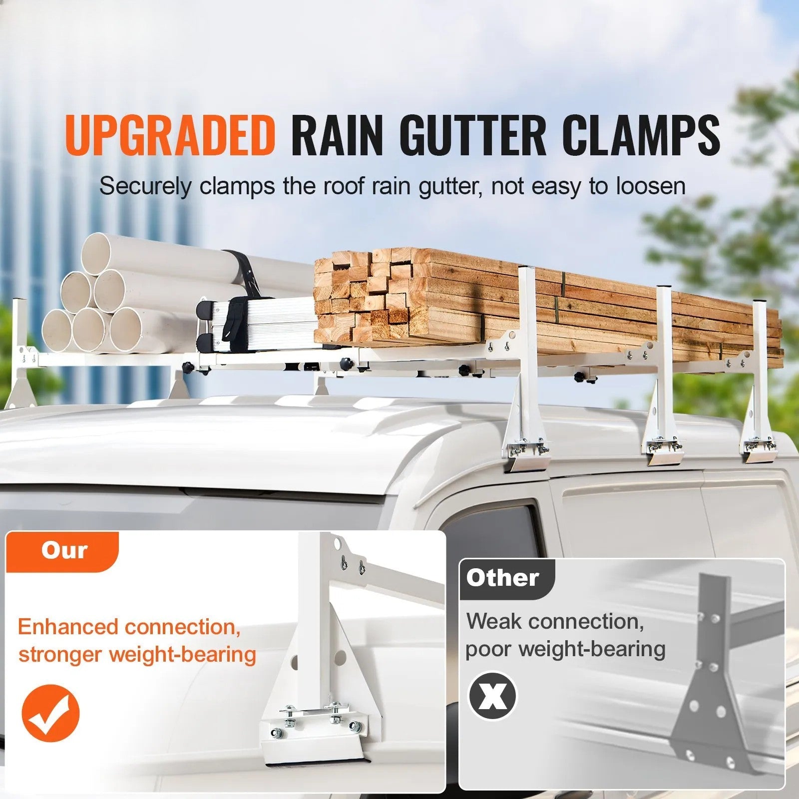 VEVOR Trailer Ladder Rack, 59" Adjustable Roof Rack, 3 Crossbars Van Roof Ladder Rack with Straps, 800 lbs Capacity Steel, Fit for Chevrolet Express 1500 2500 3500/ Ford E150 E250 E350/ GMC Savana 