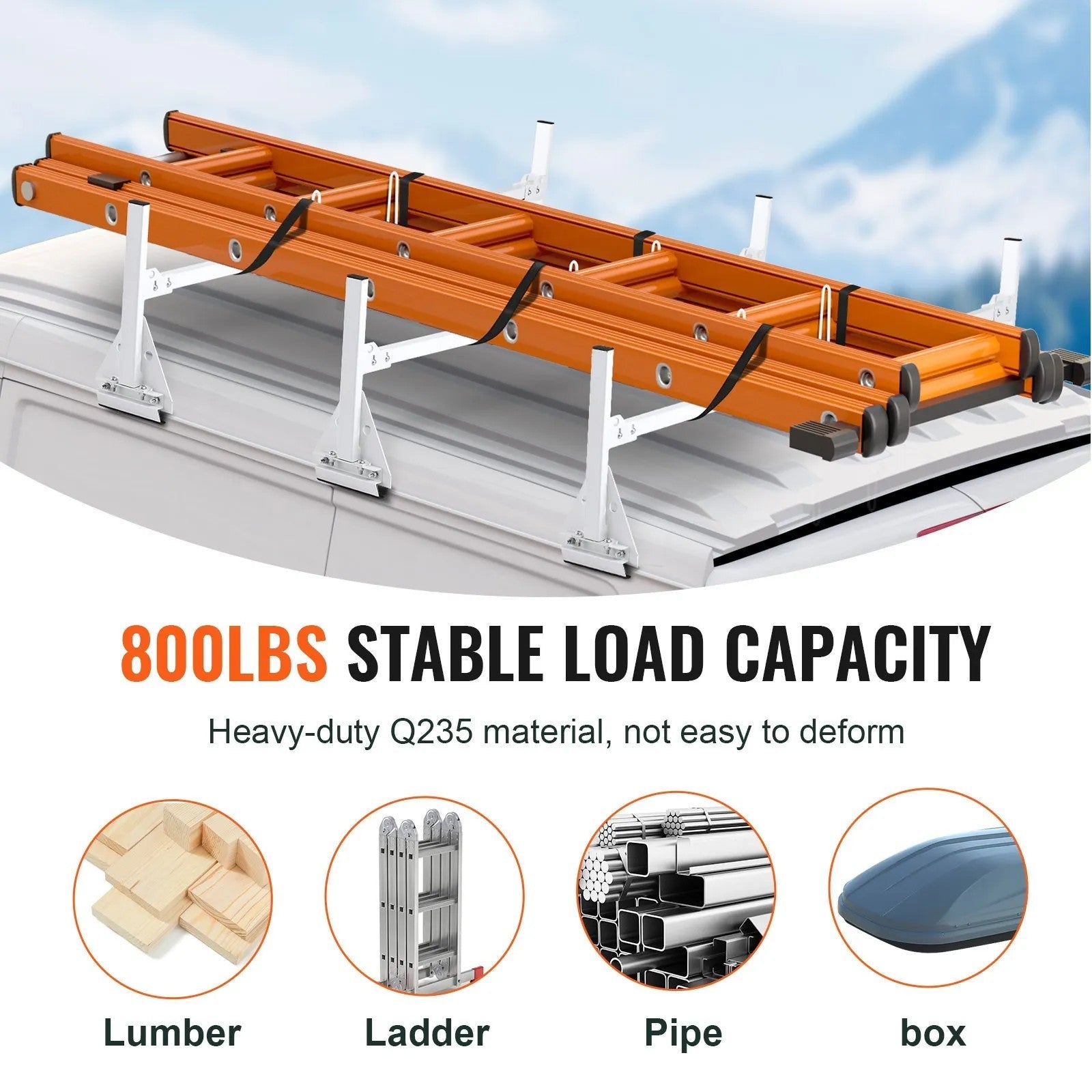 VEVOR Trailer Ladder Rack, 59" Adjustable Roof Rack, 3 Crossbars Van Roof Ladder Rack with Straps, 800 lbs Capacity Steel, Fit for Chevrolet Express 1500 2500 3500/ Ford E150 E250 E350/ GMC Savana 