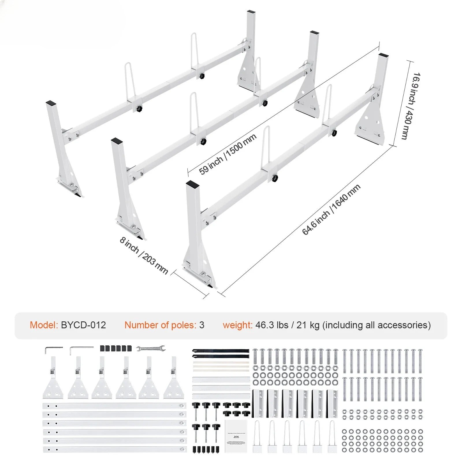 VEVOR Trailer Ladder Rack, 59" Adjustable Roof Rack, 3 Crossbars Van Roof Ladder Rack with Straps, 800 lbs Capacity Steel, Fit for Chevrolet Express 1500 2500 3500/ Ford E150 E250 E350/ GMC Savana 