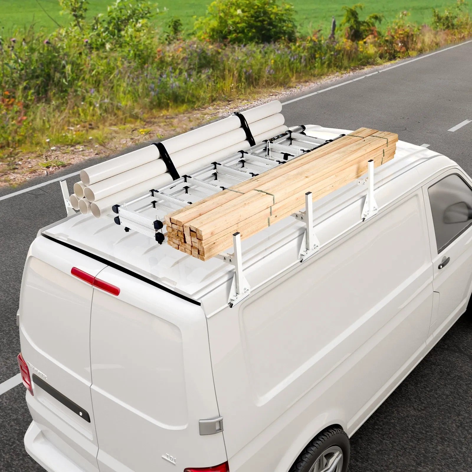 VEVOR Trailer Ladder Rack, 59" Adjustable Roof Rack, 3 Crossbars Van Roof Ladder Rack with Straps, 800 lbs Capacity Steel, Fit for Chevrolet Express 1500 2500 3500/ Ford E150 E250 E350/ GMC Savana 